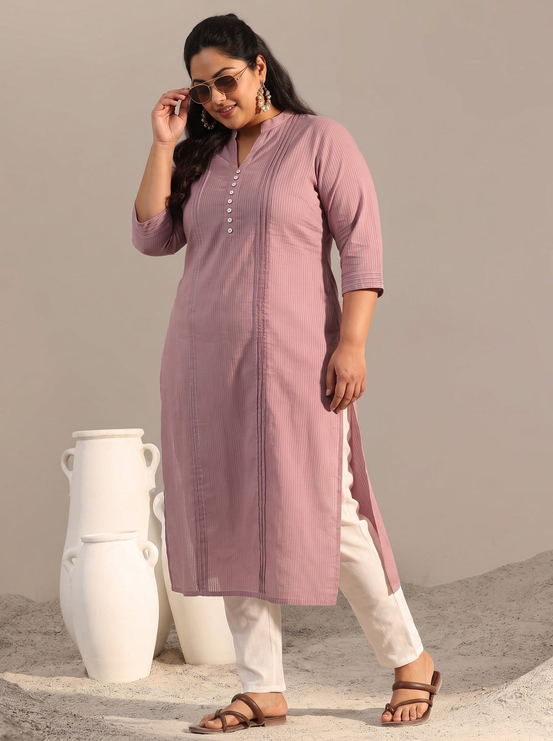  Plus Size Mauve Printed Cotton Straight Kurta 