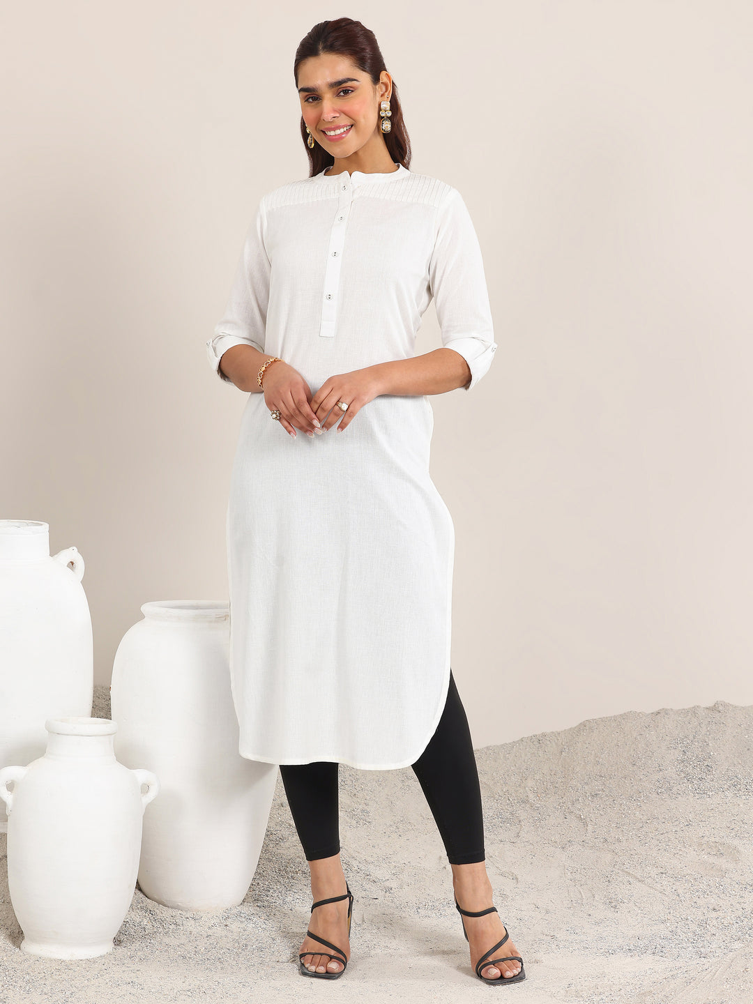  White Solid Cotton Blend Straight Kurta 