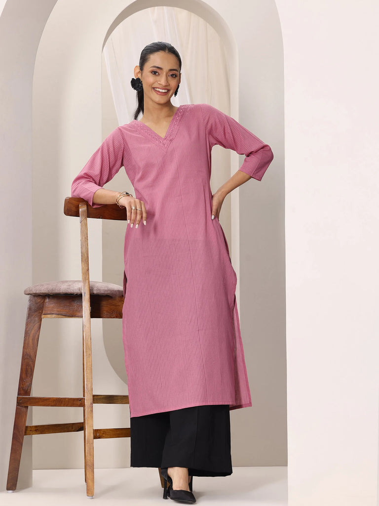 Libas Pink Printed Cotton Straight Kurta