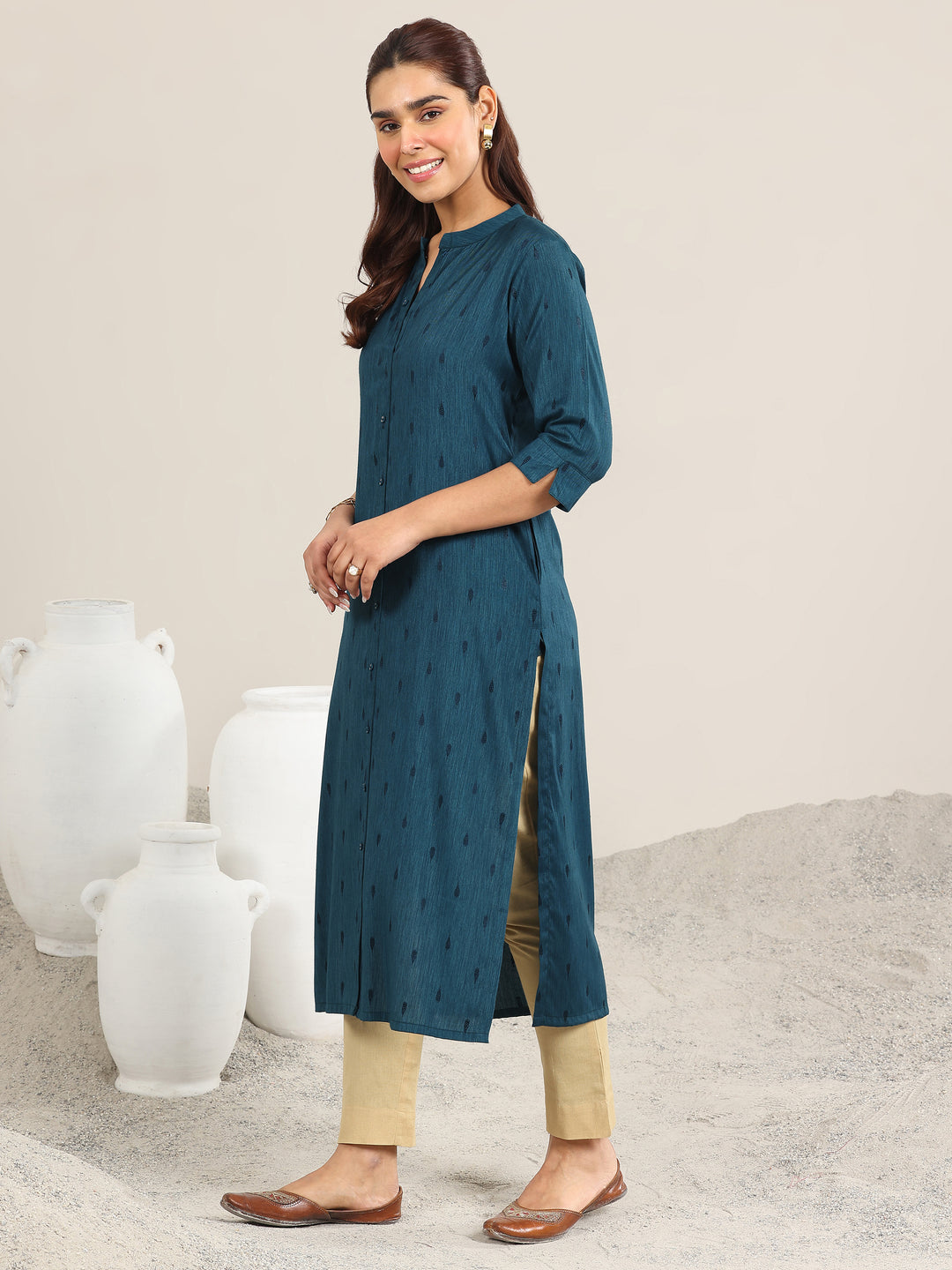  Teal Woven Design Rayon Straight Kurta 