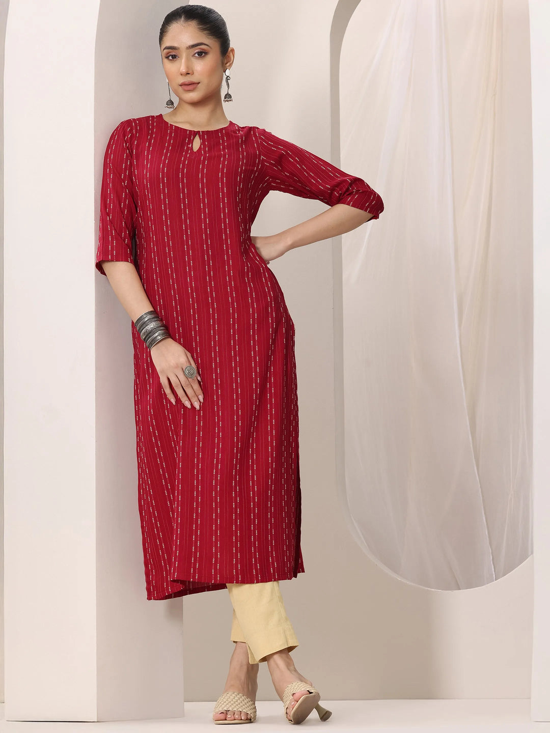  Red Woven Design Rayon Straight Kurta 