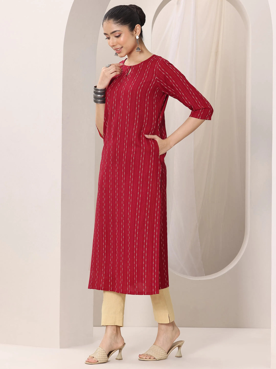  Red Woven Design Rayon Straight Kurta 