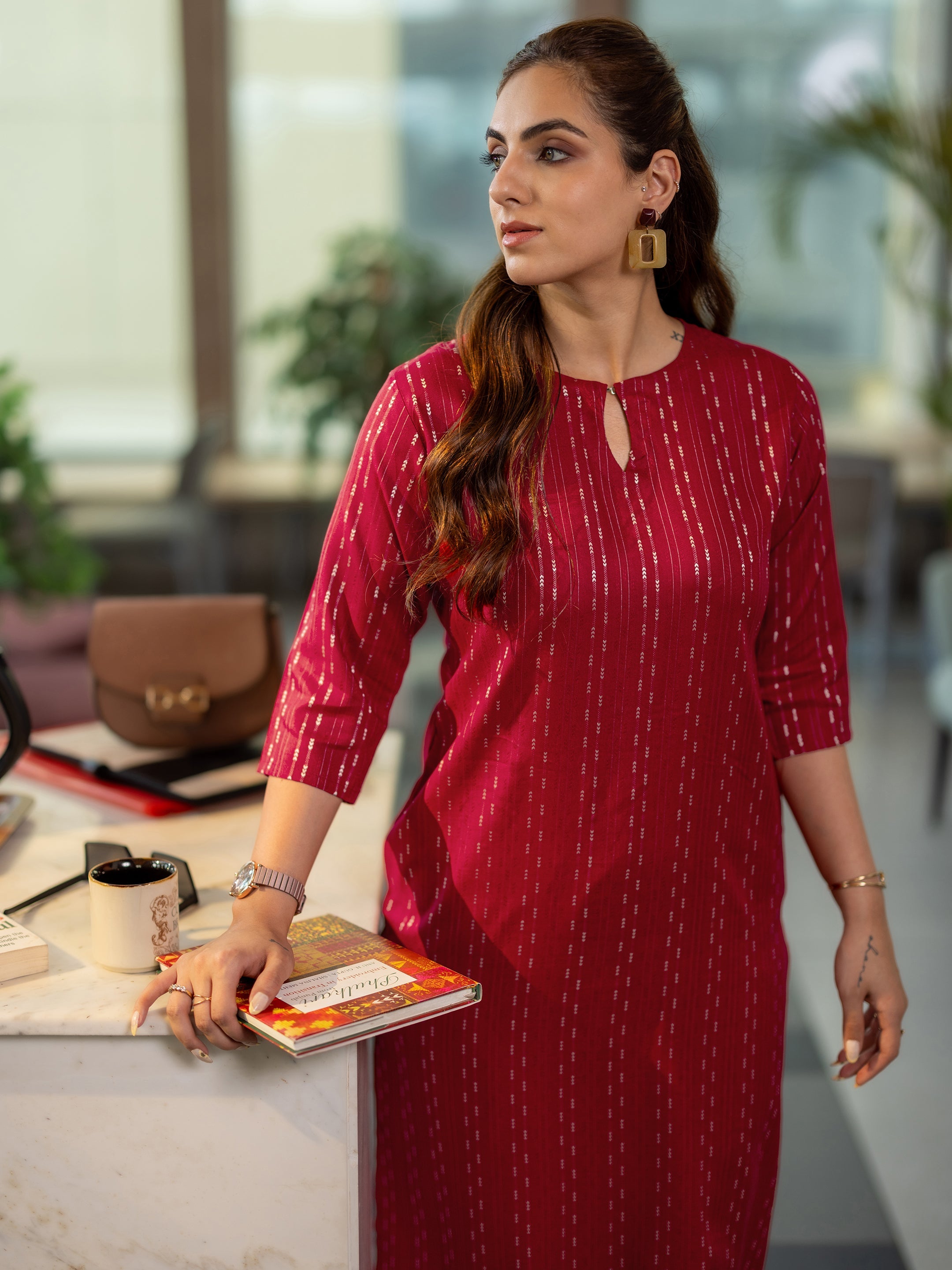 libas Red Woven Design Rayon Straight Kurta-picture-65