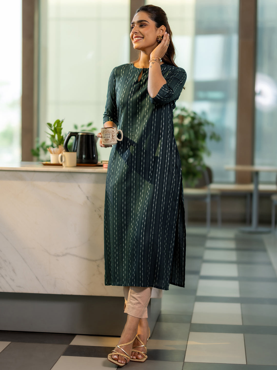  Green Woven Design Rayon Straight Kurta 