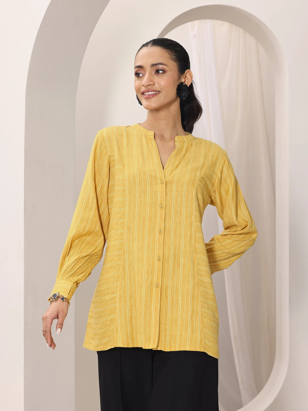  Yellow Woven Design Cotton Blend Straight Short Kurti 
