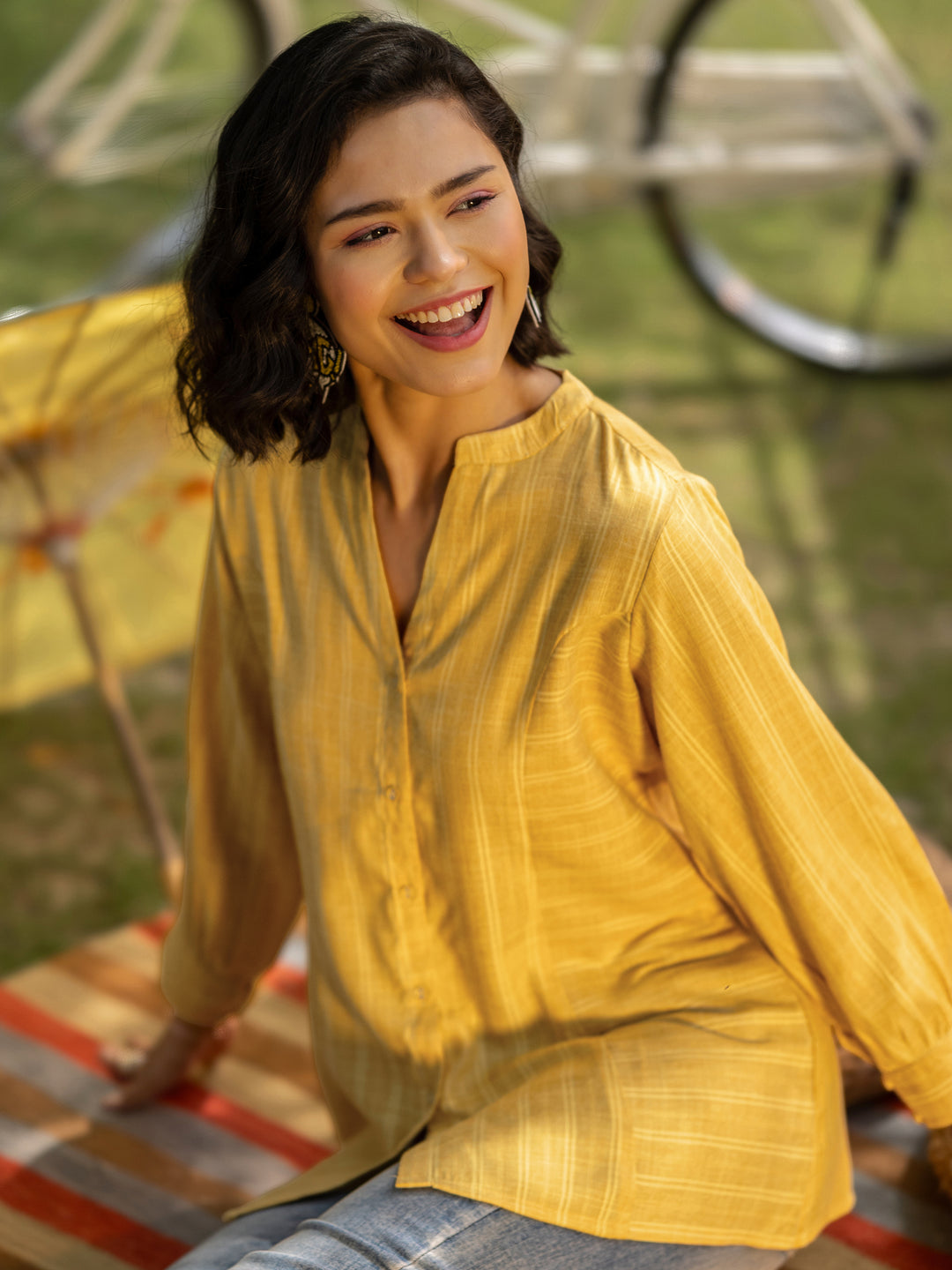  Yellow Woven Design Cotton Blend Straight Short Kurti 