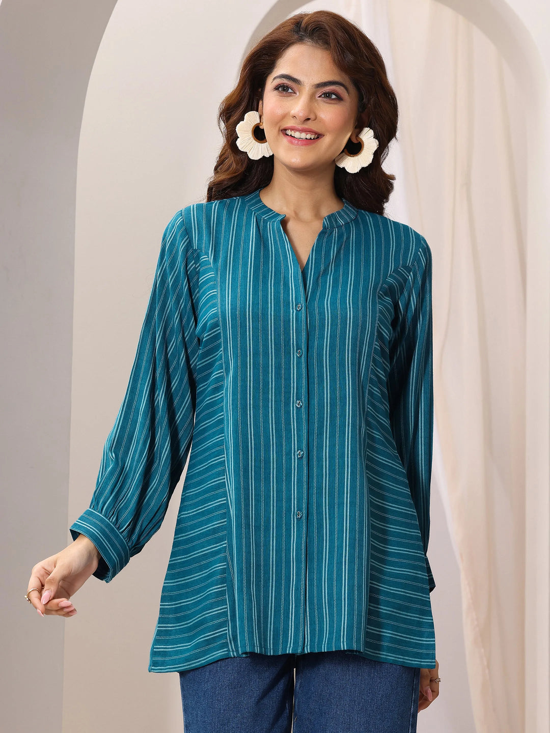  Teal Blue Woven Design Cotton Blend Straight Short Kurti 