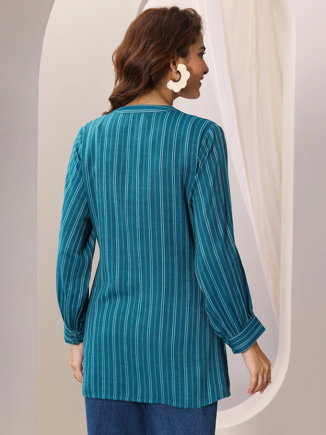  Teal Blue Woven Design Cotton Blend Straight Short Kurti 
