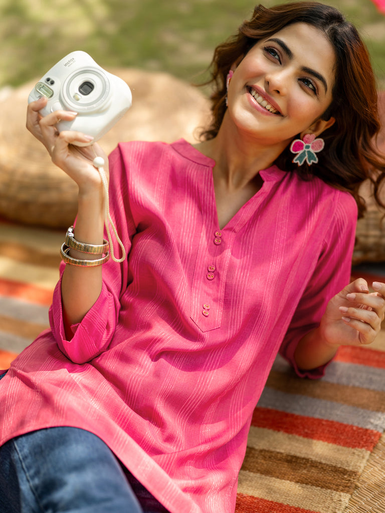 Libas Pink Woven Design Cotton Blend Straight Short Kurti