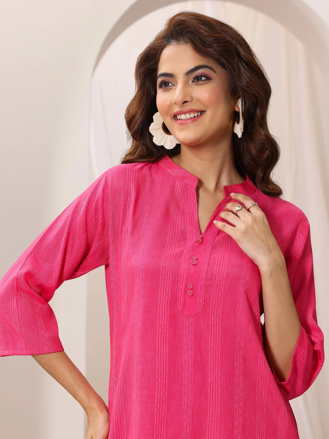  Pink Woven Design Cotton Blend Straight Short Kurti 