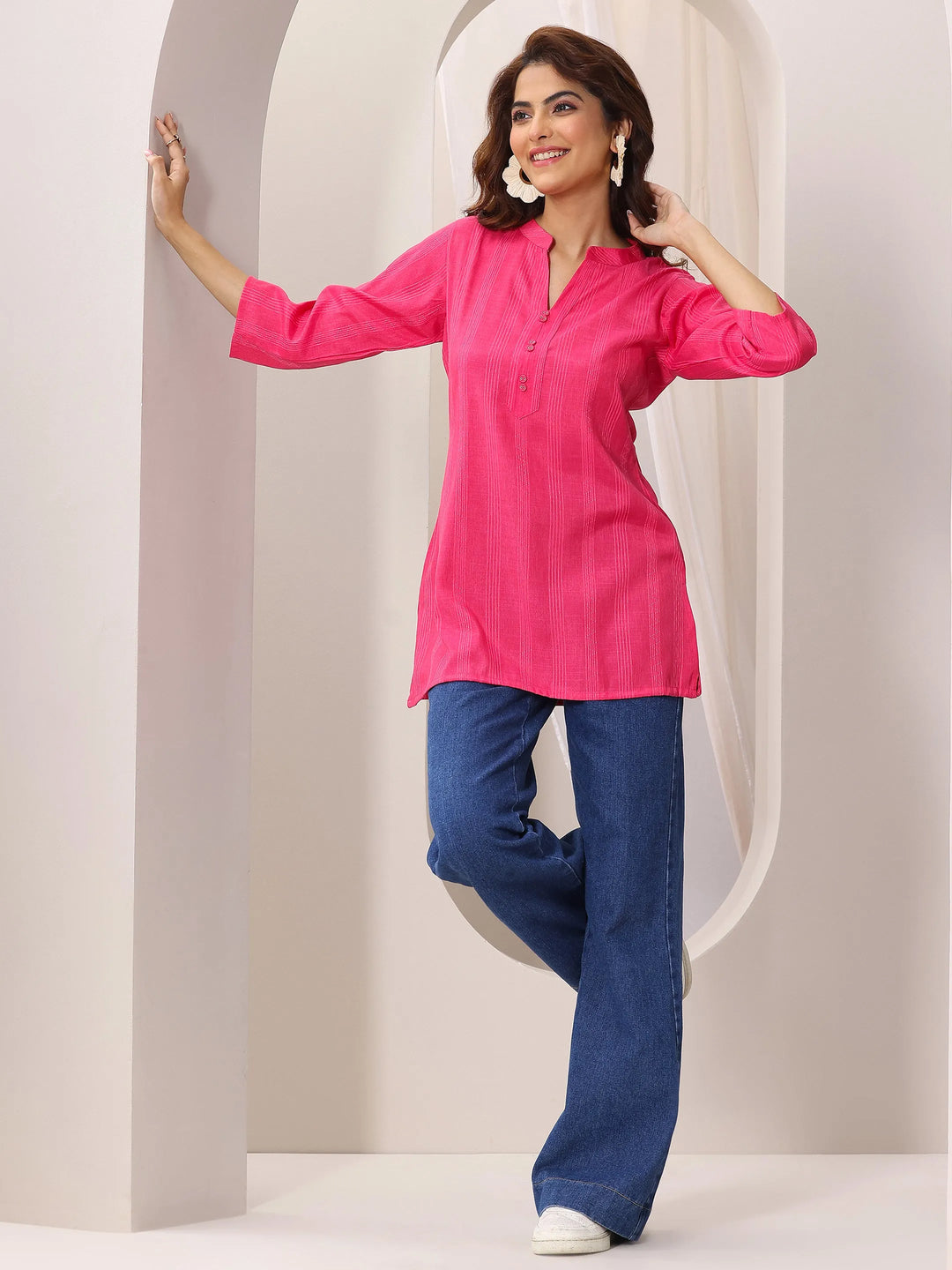  Pink Woven Design Cotton Blend Straight Short Kurti 