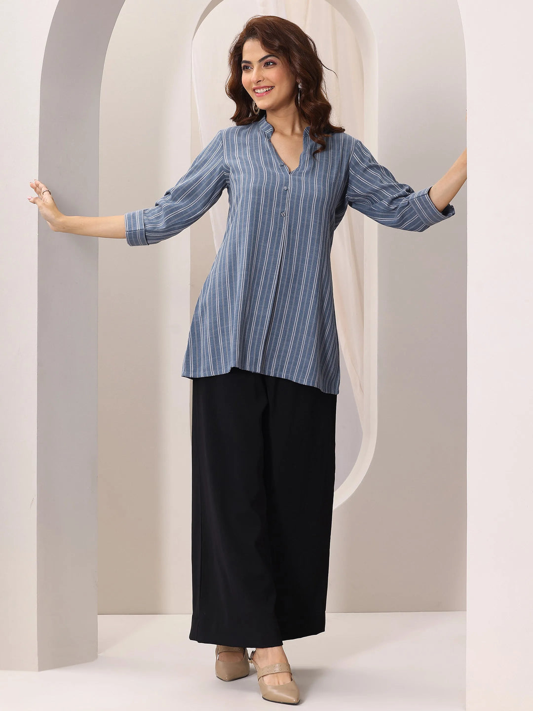  Blue Woven Design Cotton Blend Straight Short Kurti 