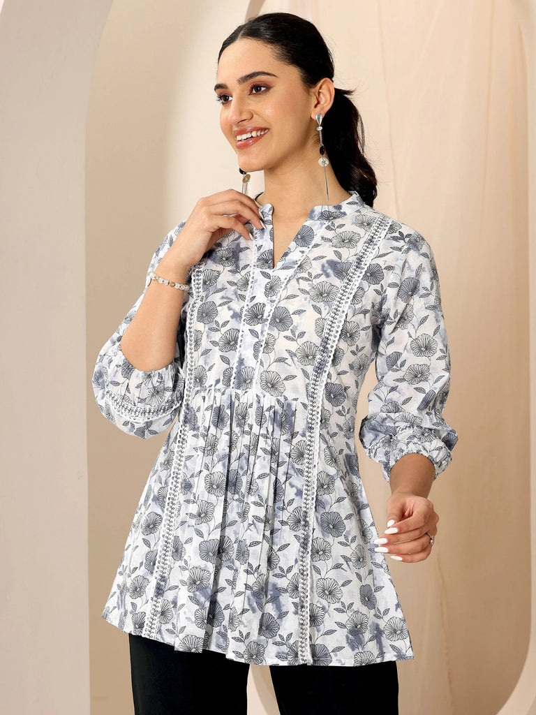 Libas Grey Printed Cotton A-Line Short Kurti