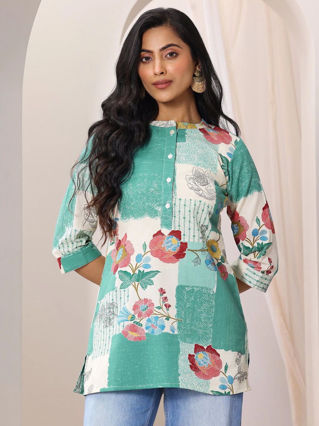  Green Printed Cotton Straight Short Kurti 