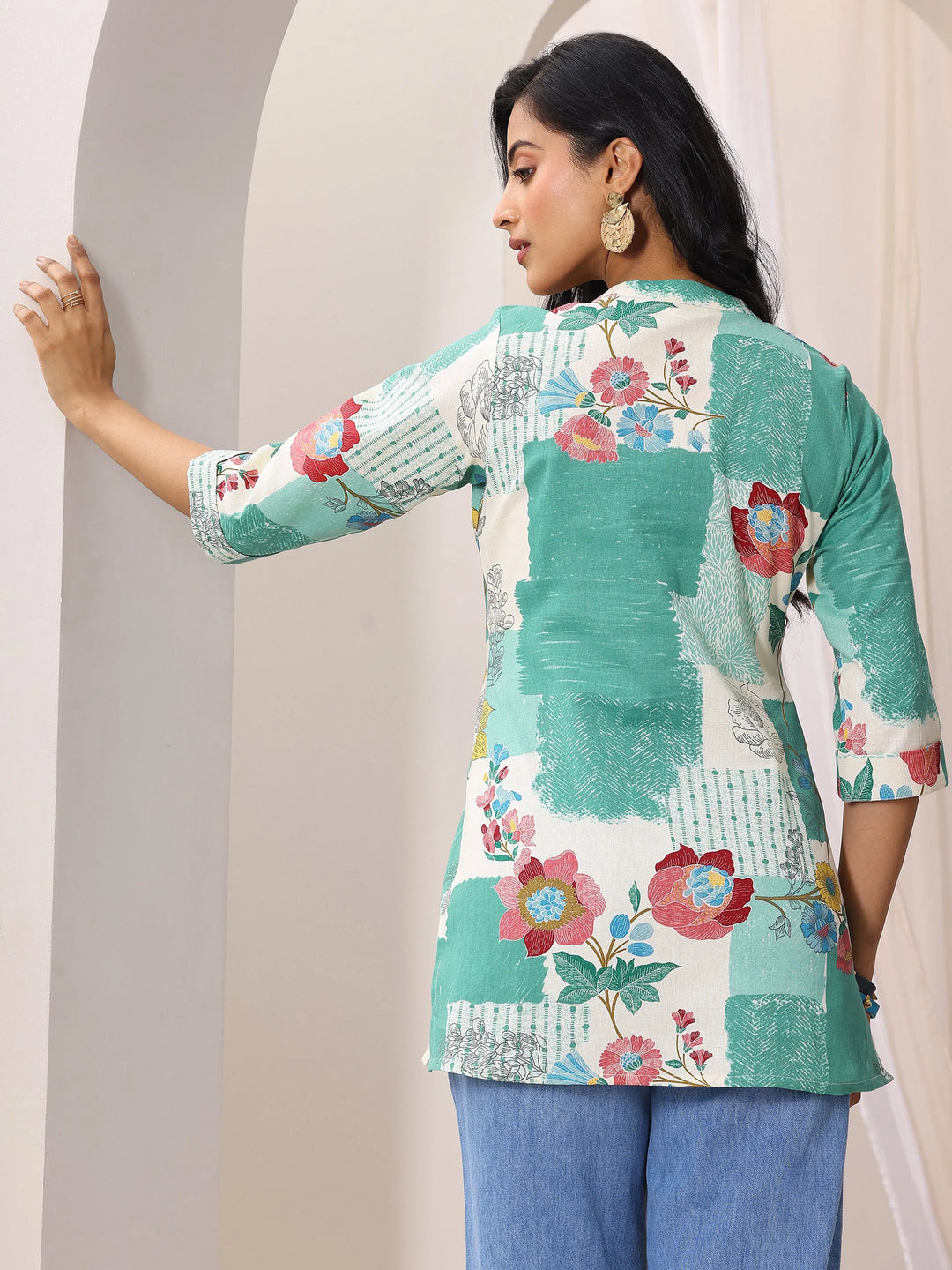  Green Printed Cotton Straight Short Kurti 