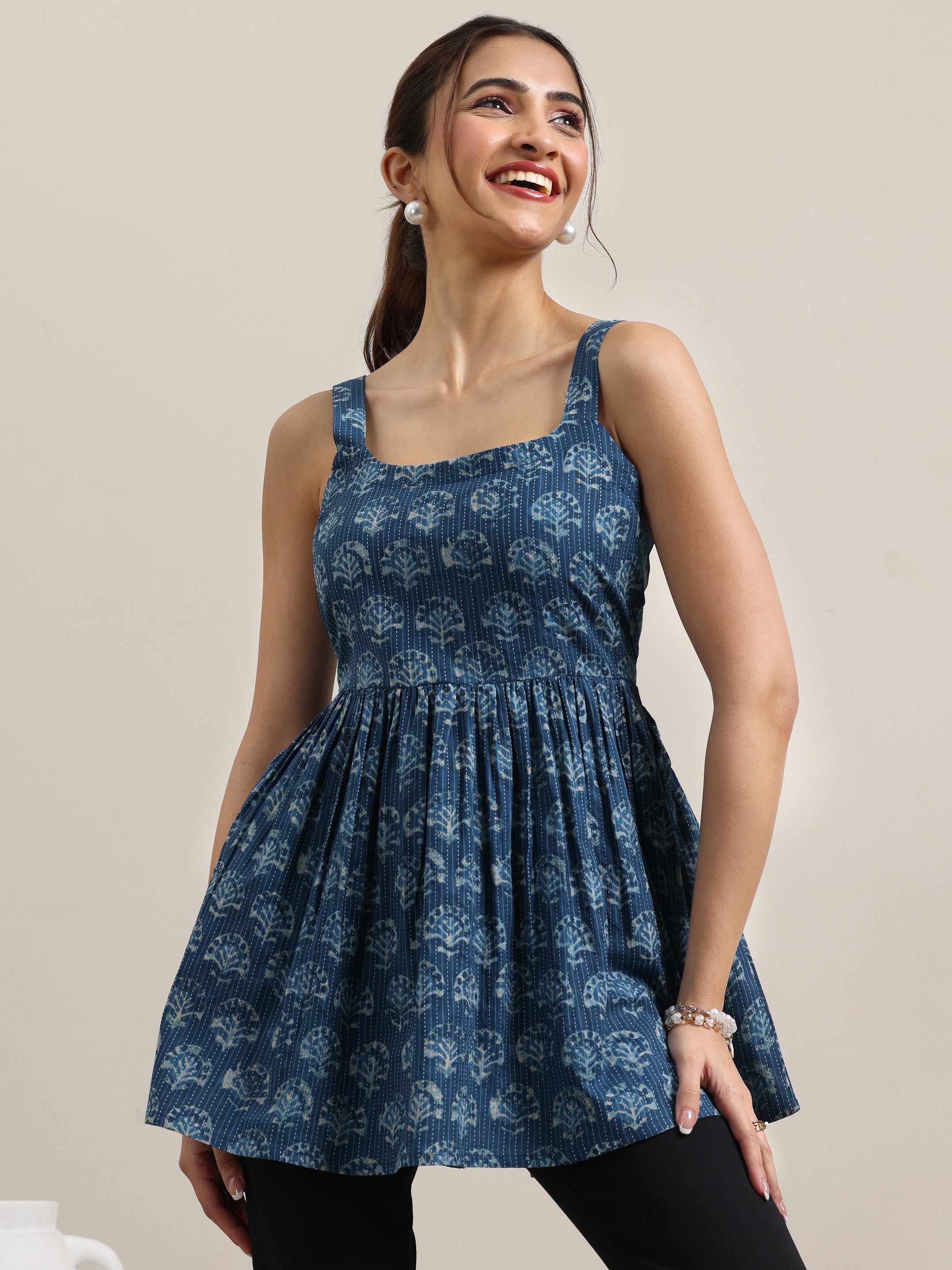 Blue Printed Cotton Anarkali Kurti-image-4