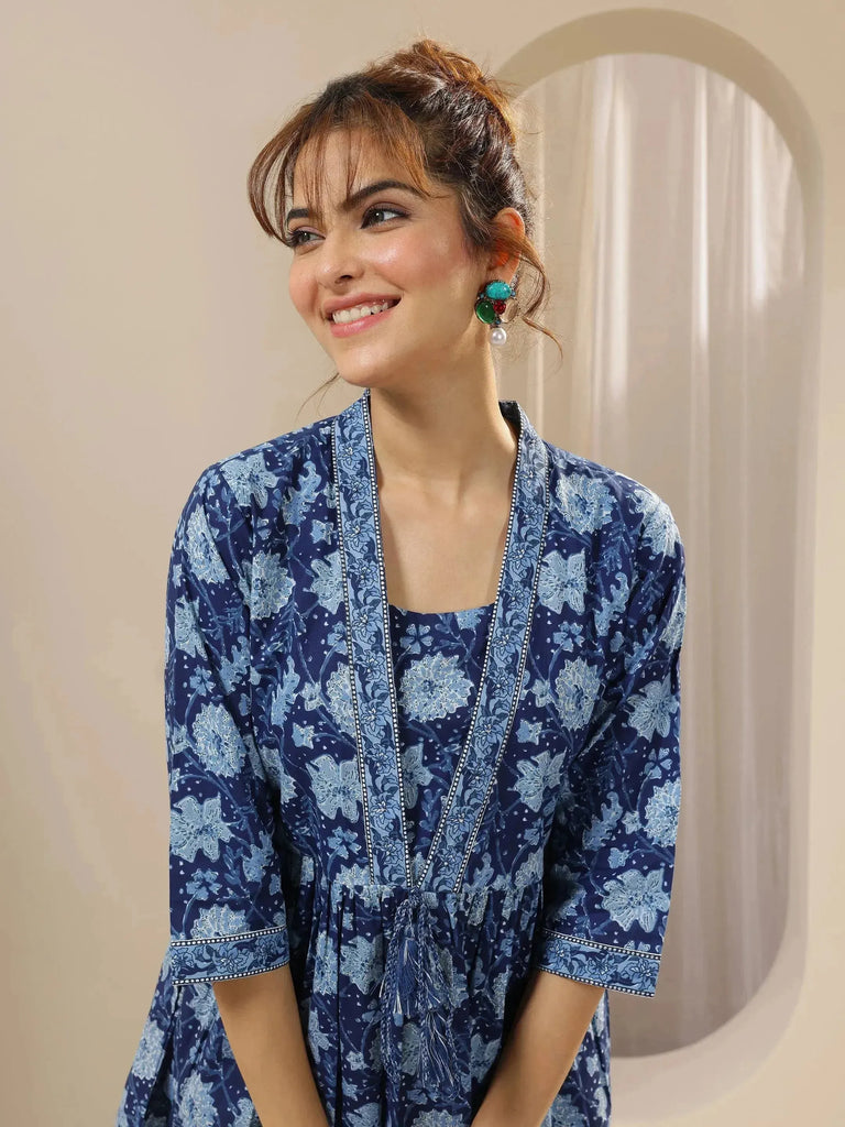 Libas Blue Printed Cotton Anarkali Short Kurti