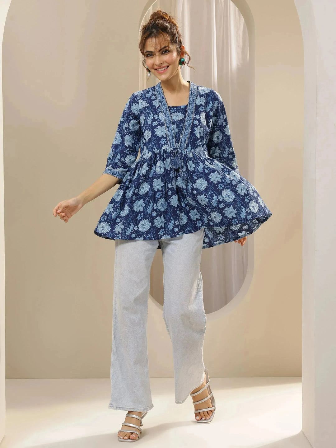  Blue Printed Cotton Anarkali Short Kurti 