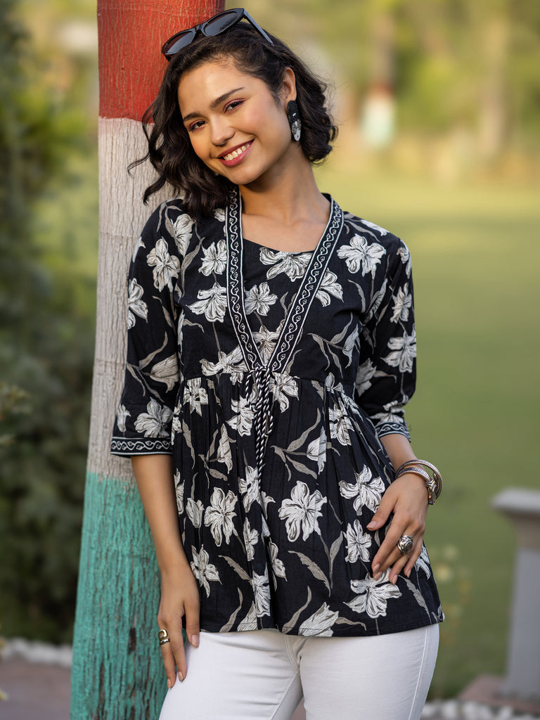 Libas Black Printed Cotton Anarkali Short Kurti