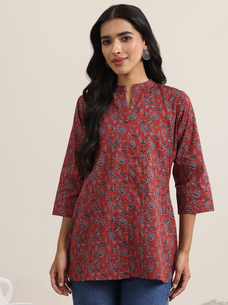 Libas Maroon Printed Cotton Straight Short Kurti