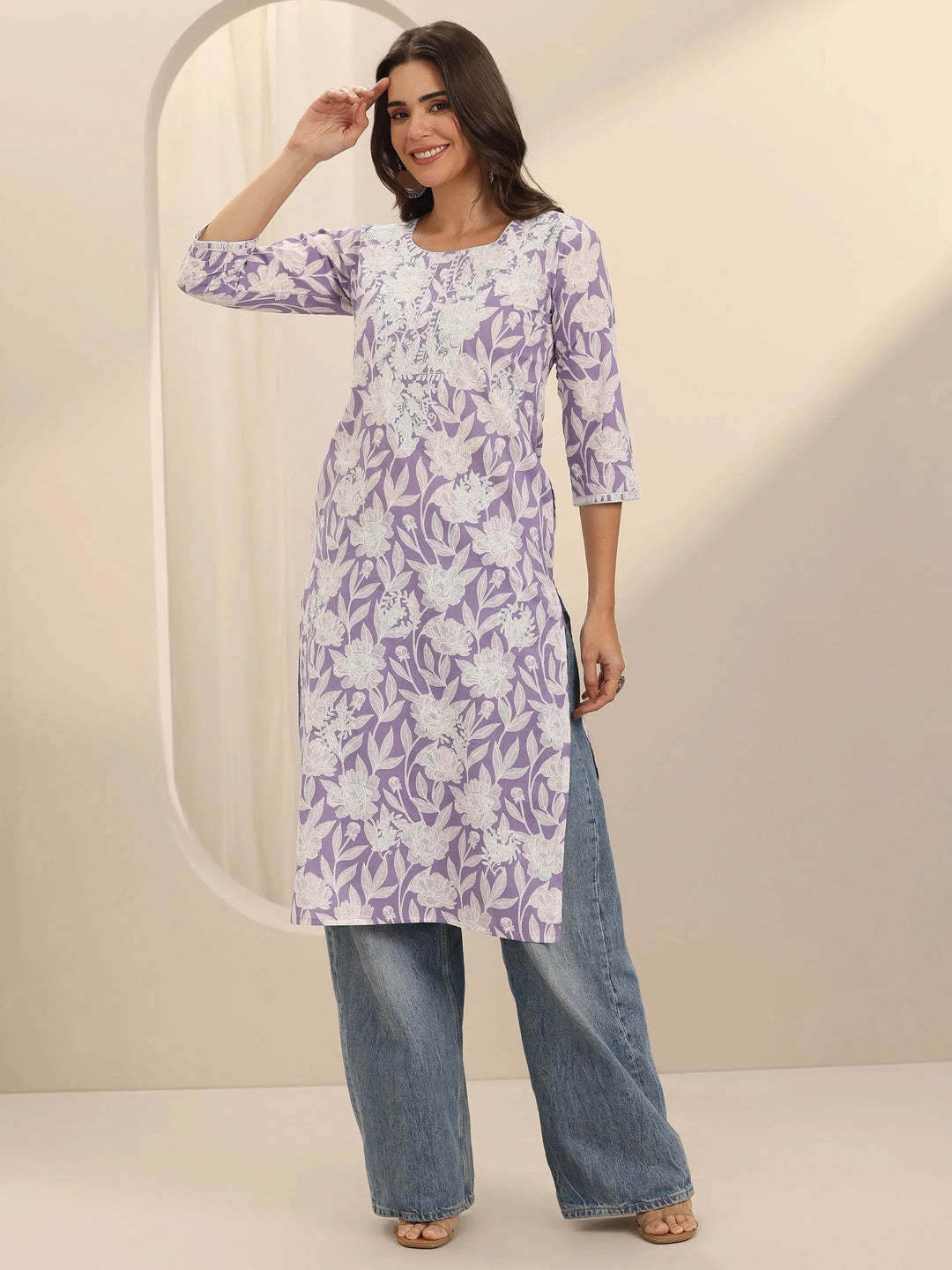 Lavender Straight Printed Cotton Kurta