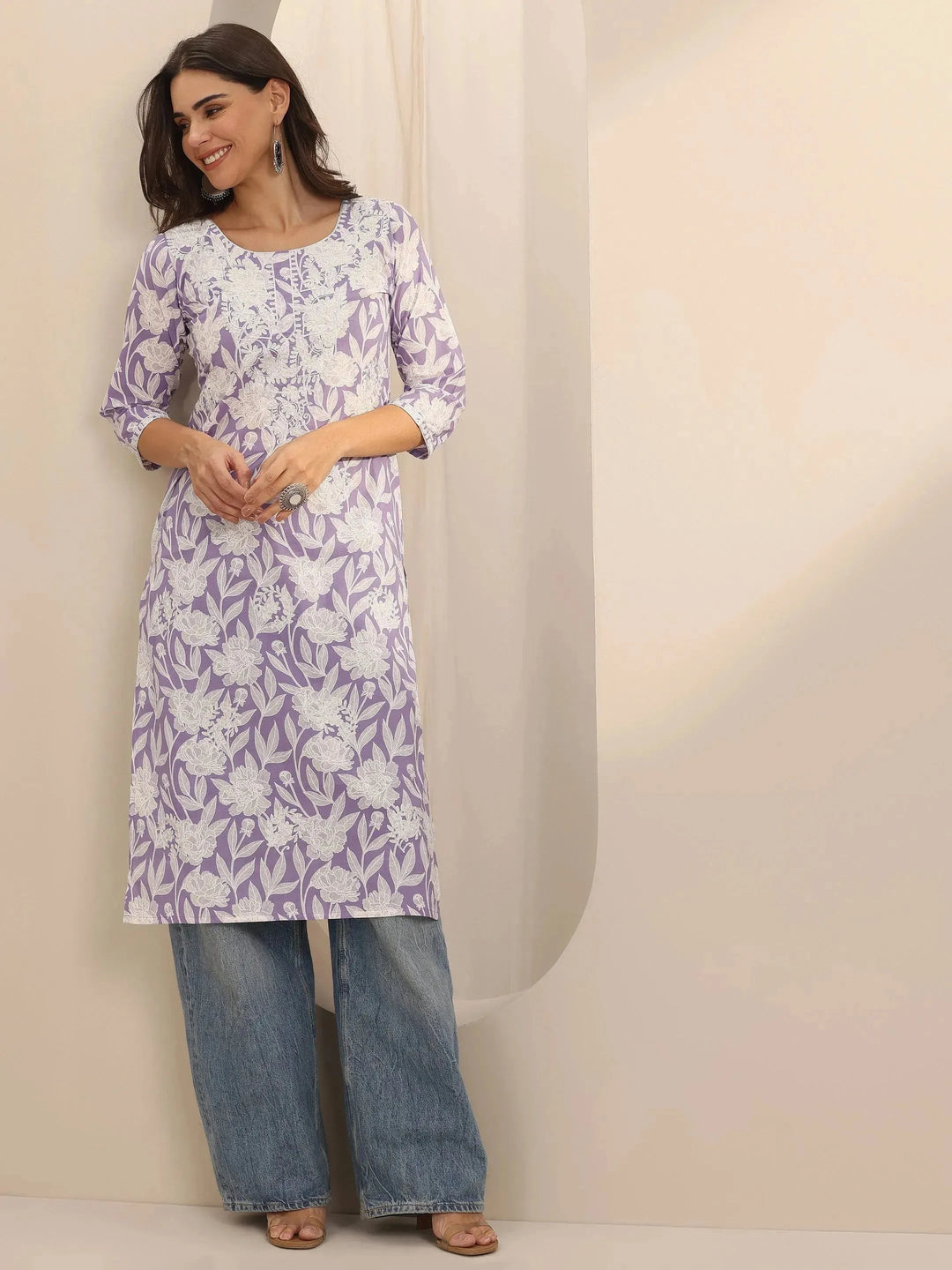  Lavender Straight Printed Cotton Kurta 