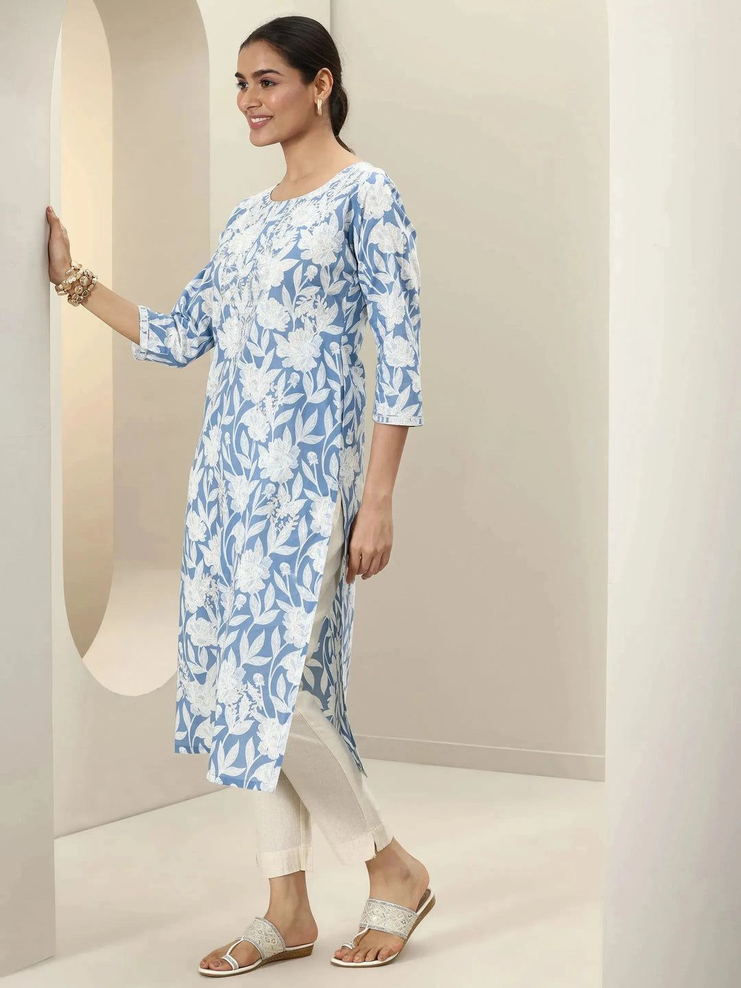  Blue Printed Cotton Straight Kurta 