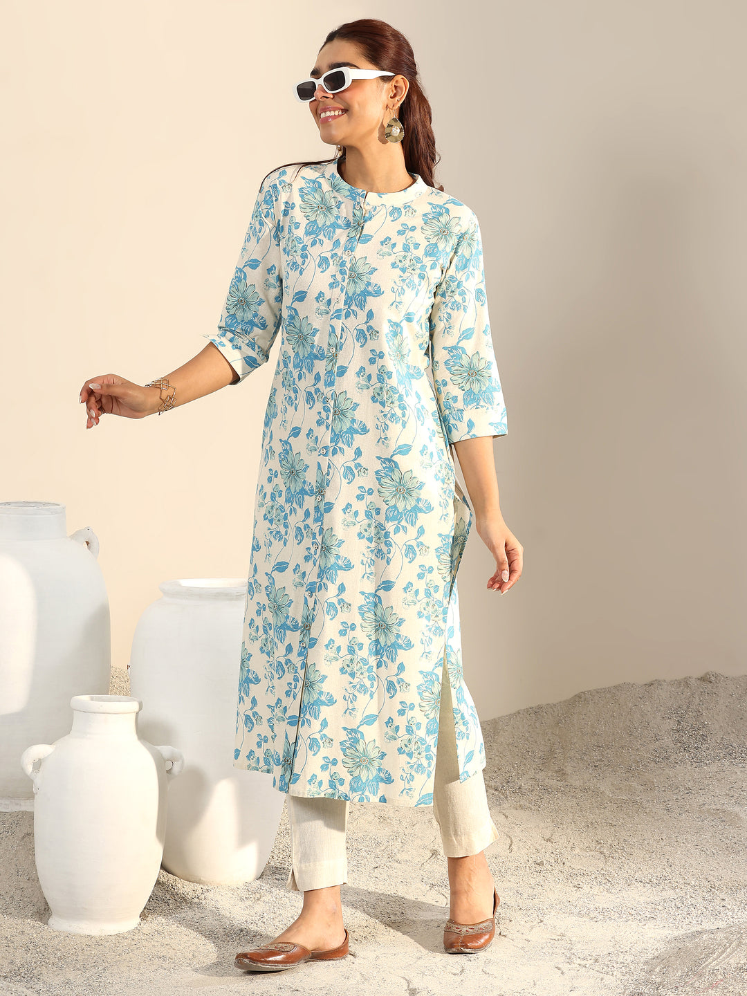 Off White Printed Cotton Straight Kurta 