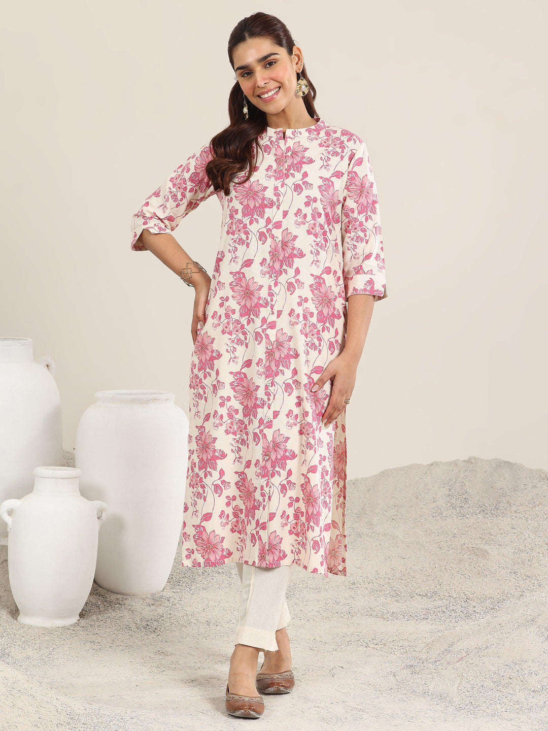  Pink Printed Cotton Straight Kurta 