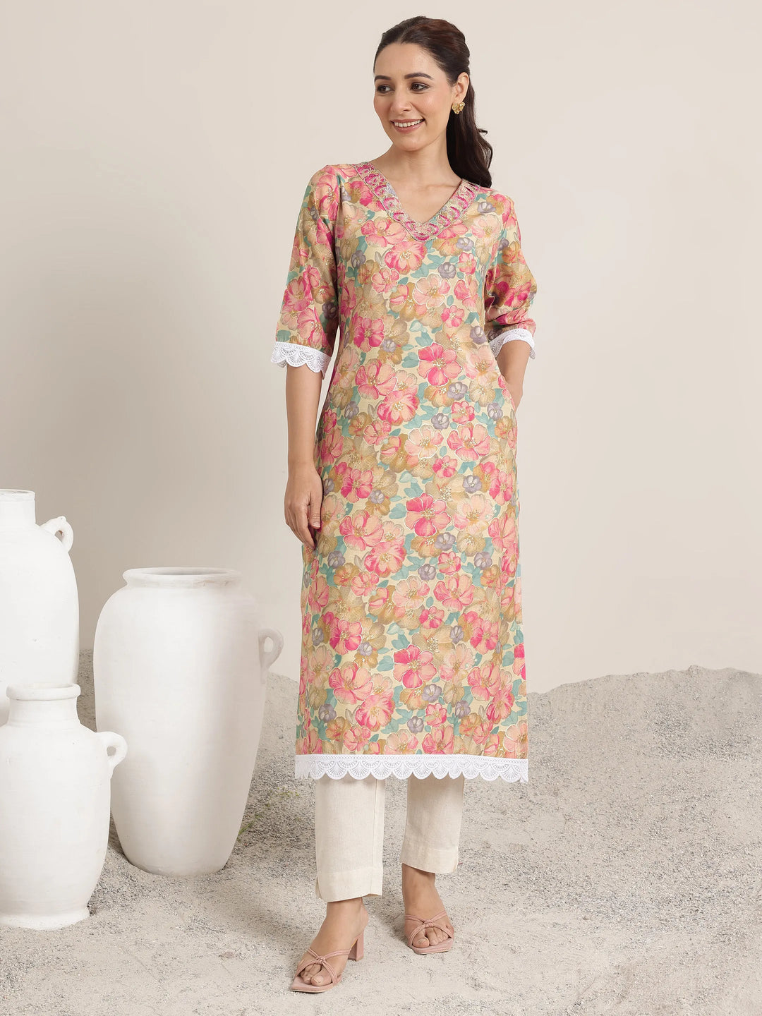  Pink Printed Silk Blend Straight Kurta 