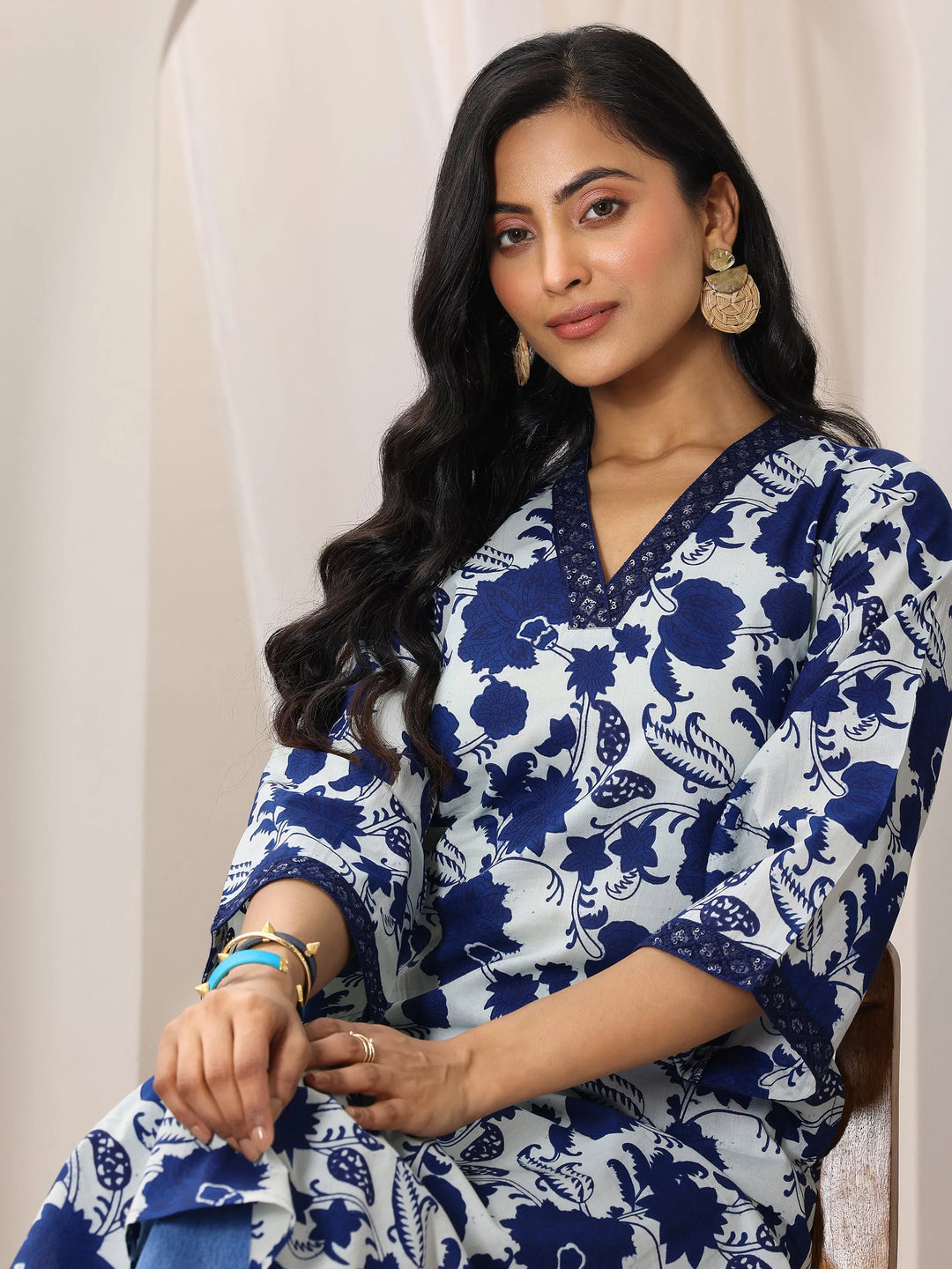  Indigo Printed Cotton Straight Kurta 