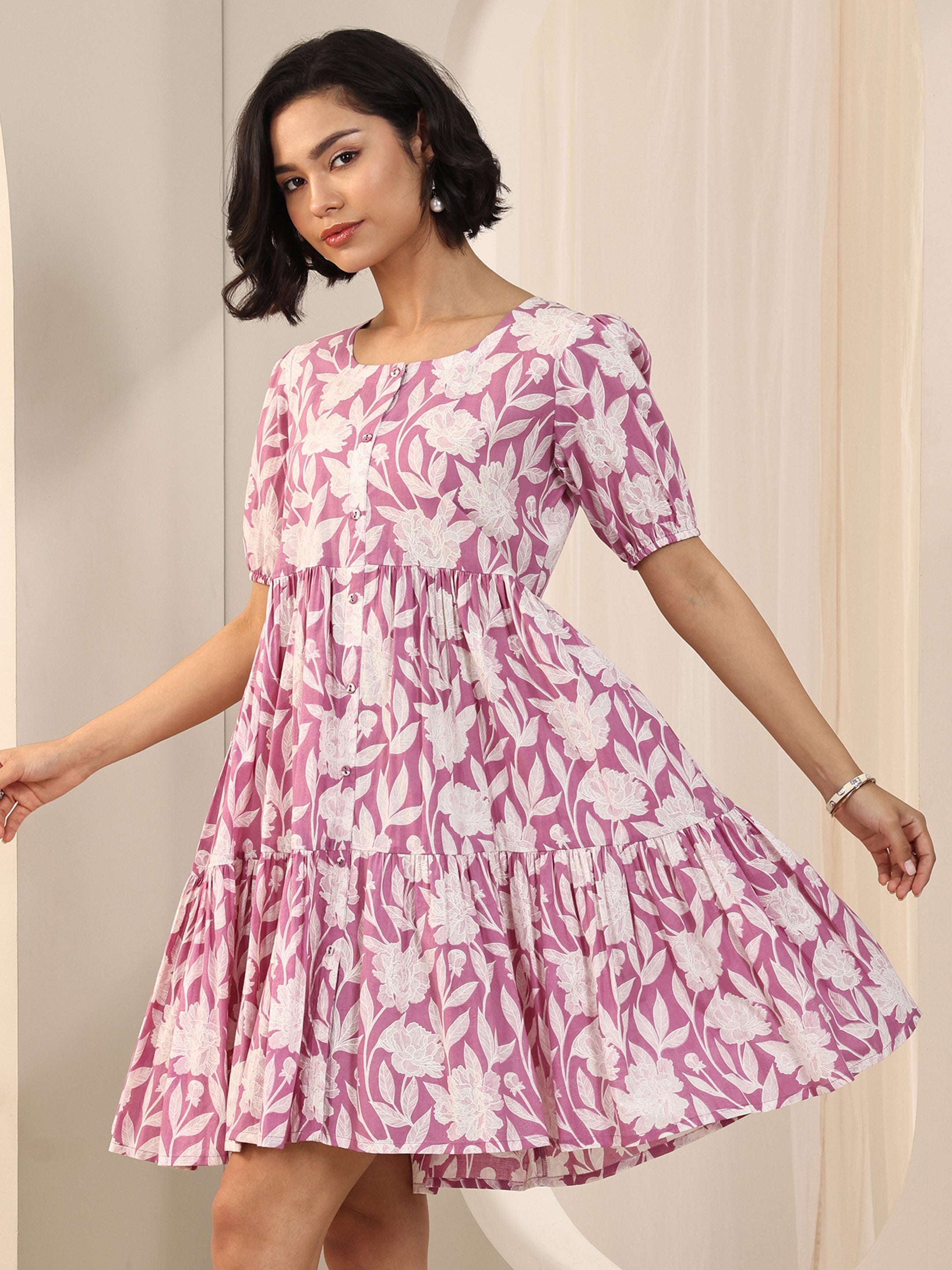 Buy Purple Printed Cotton Fit and Flare One Piece Dress Online at