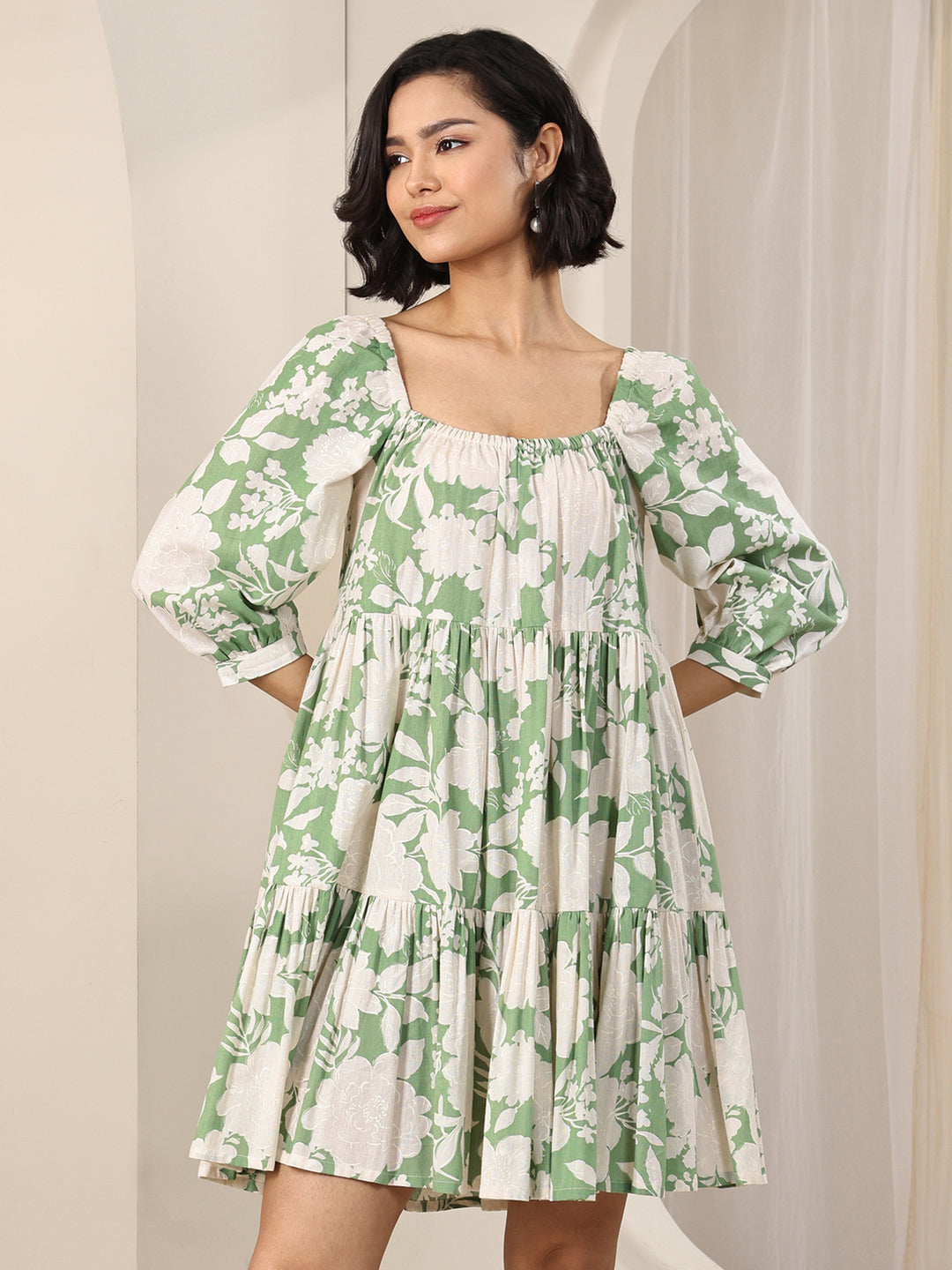  Green Printed Cotton A-Line One Piece Dress 