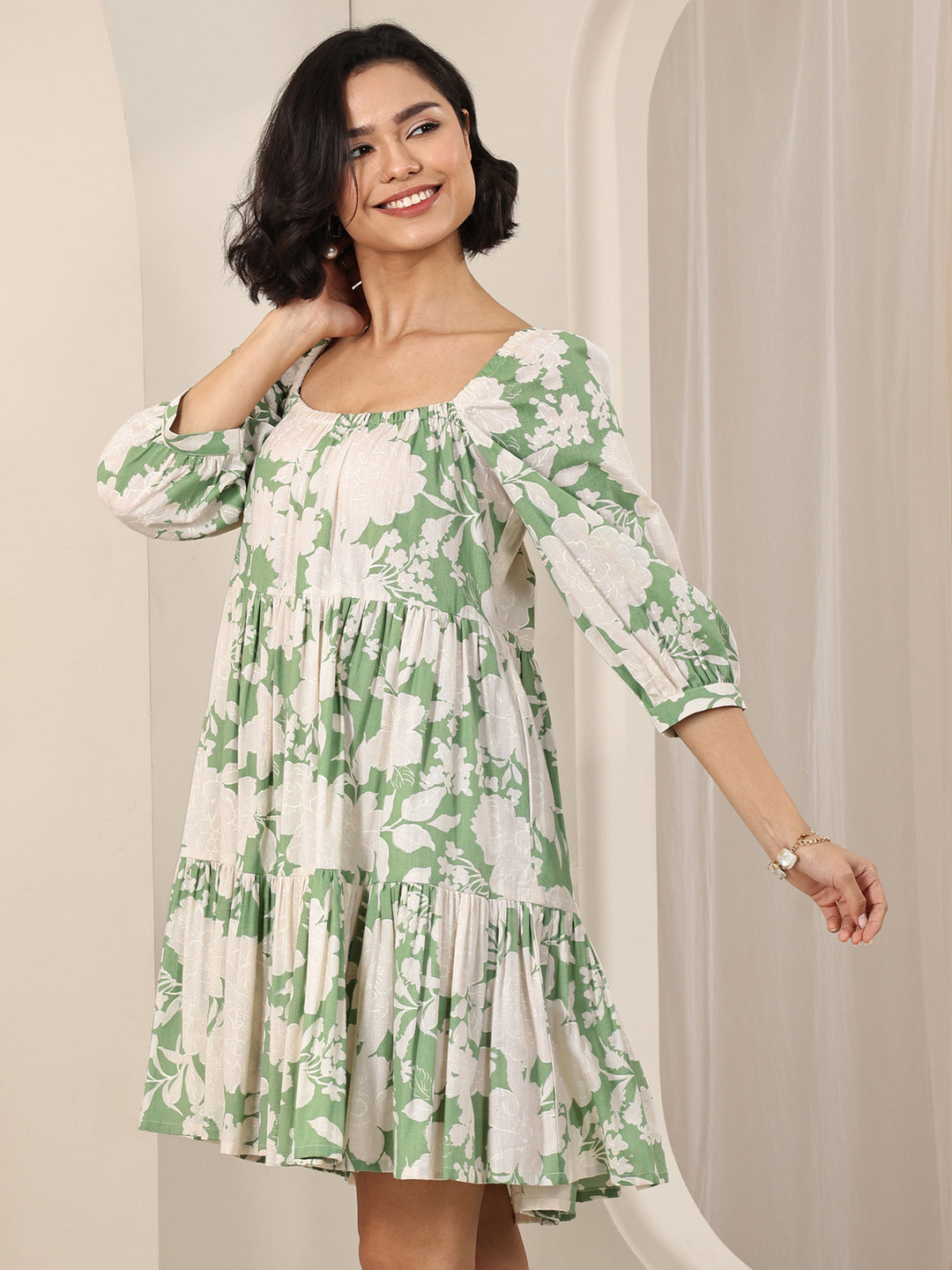  Green Printed Cotton A-Line One Piece Dress 