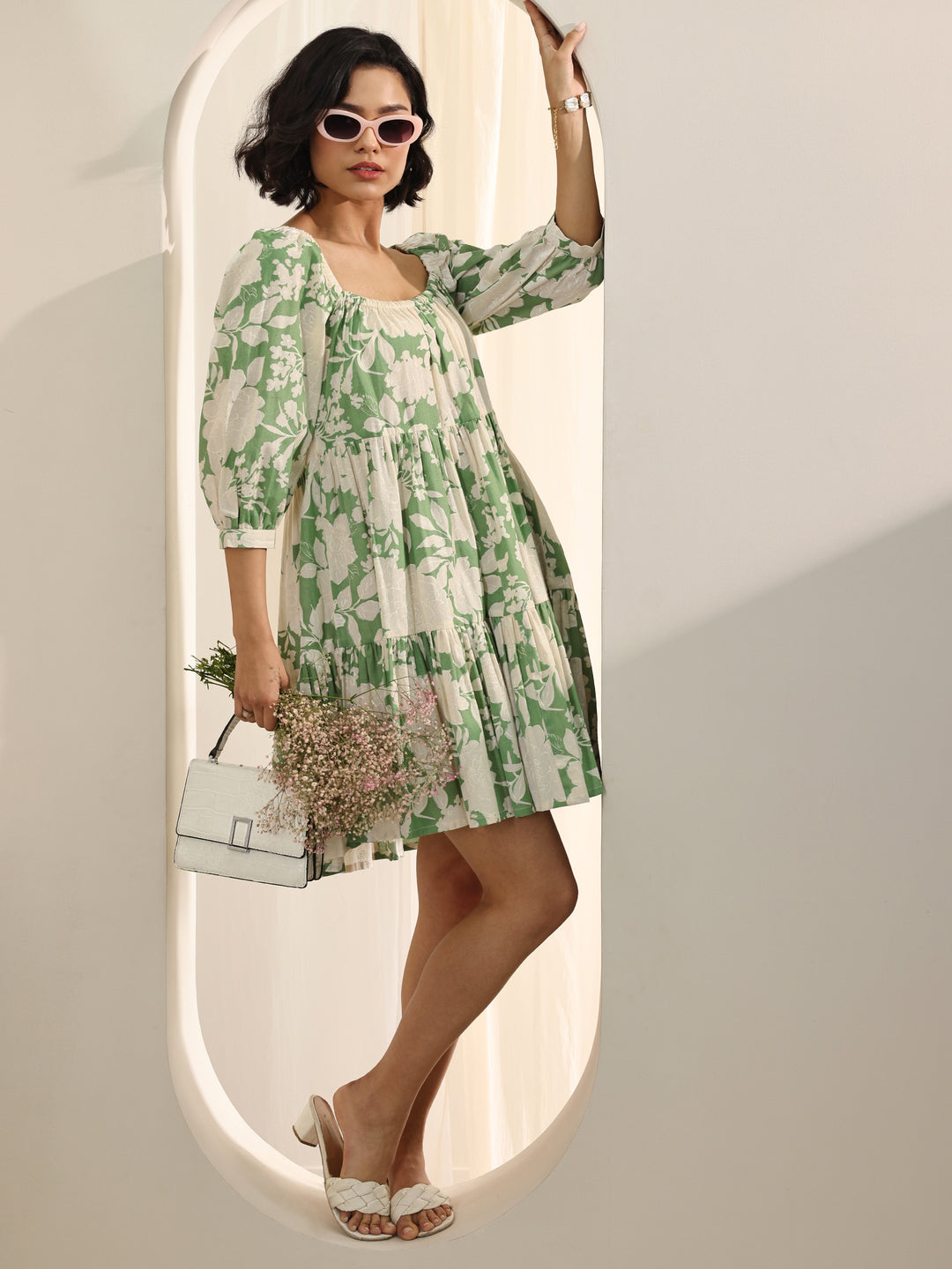 Green Printed Cotton A-Line One Piece Dress 