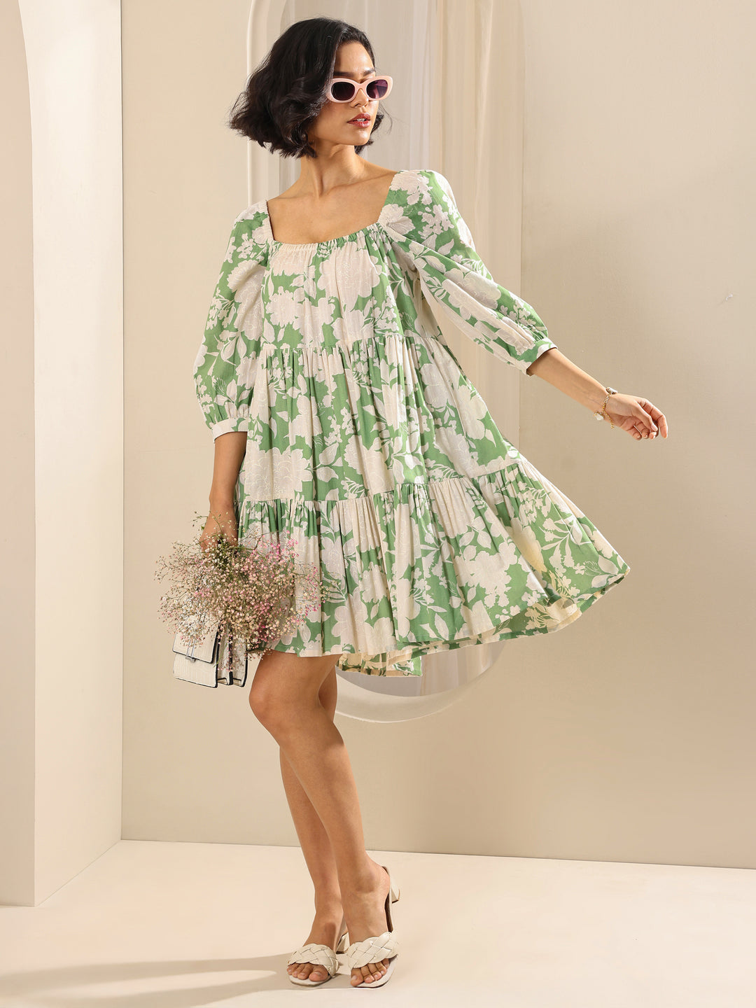  Green Printed Cotton A-Line One Piece Dress 