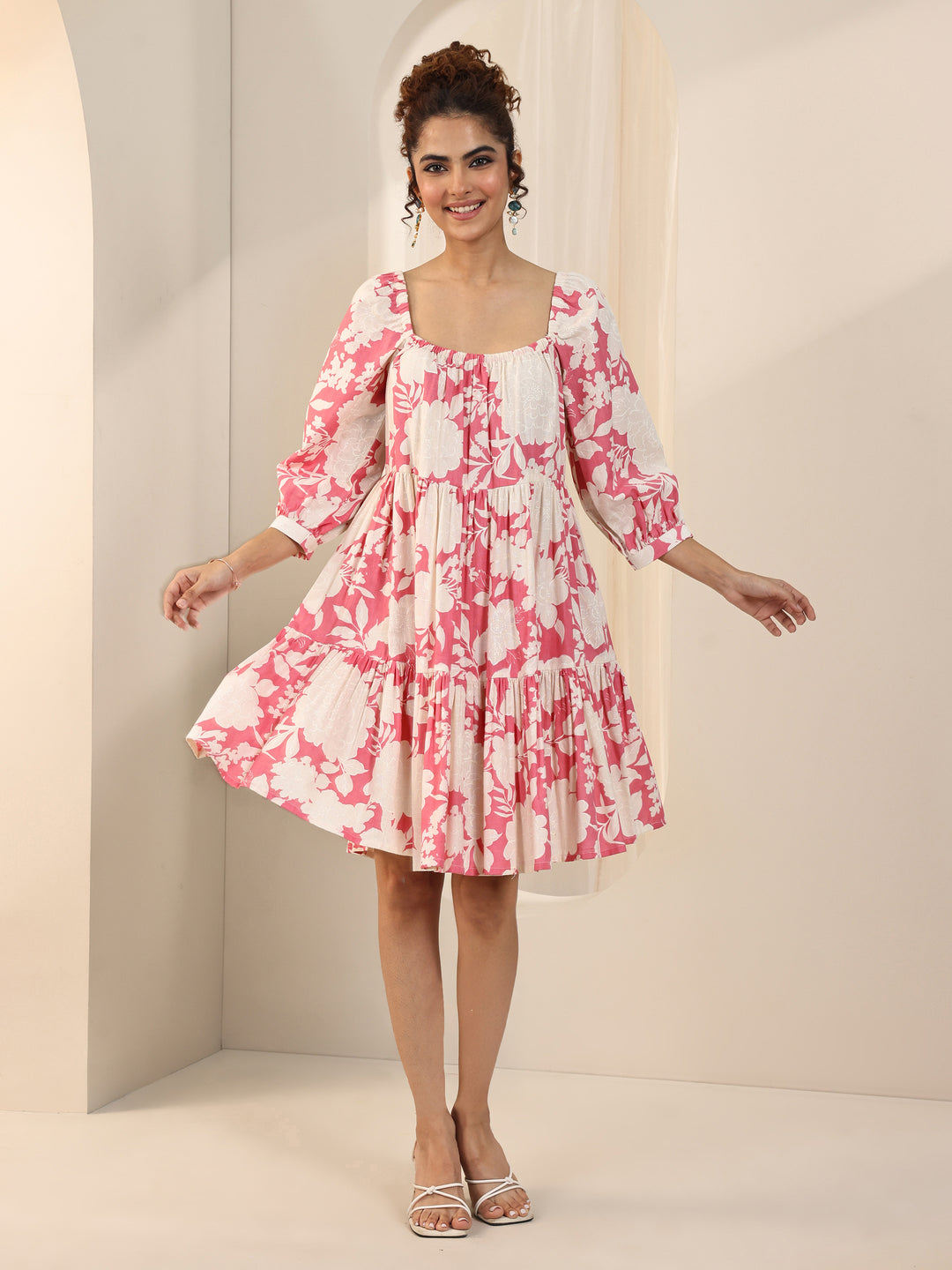 Coral Printed Cotton A-Line One Piece Dress 