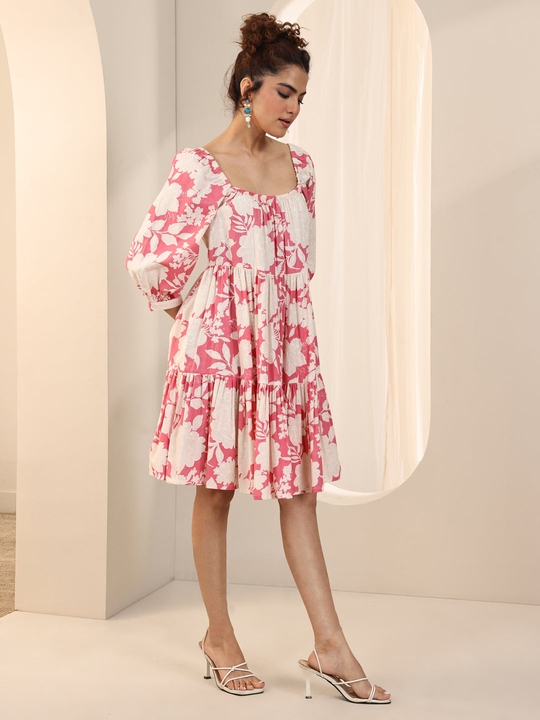  Coral Printed Cotton A-Line One Piece Dress 