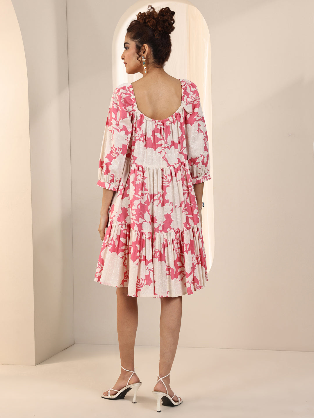  Coral Printed Cotton A-Line One Piece Dress 