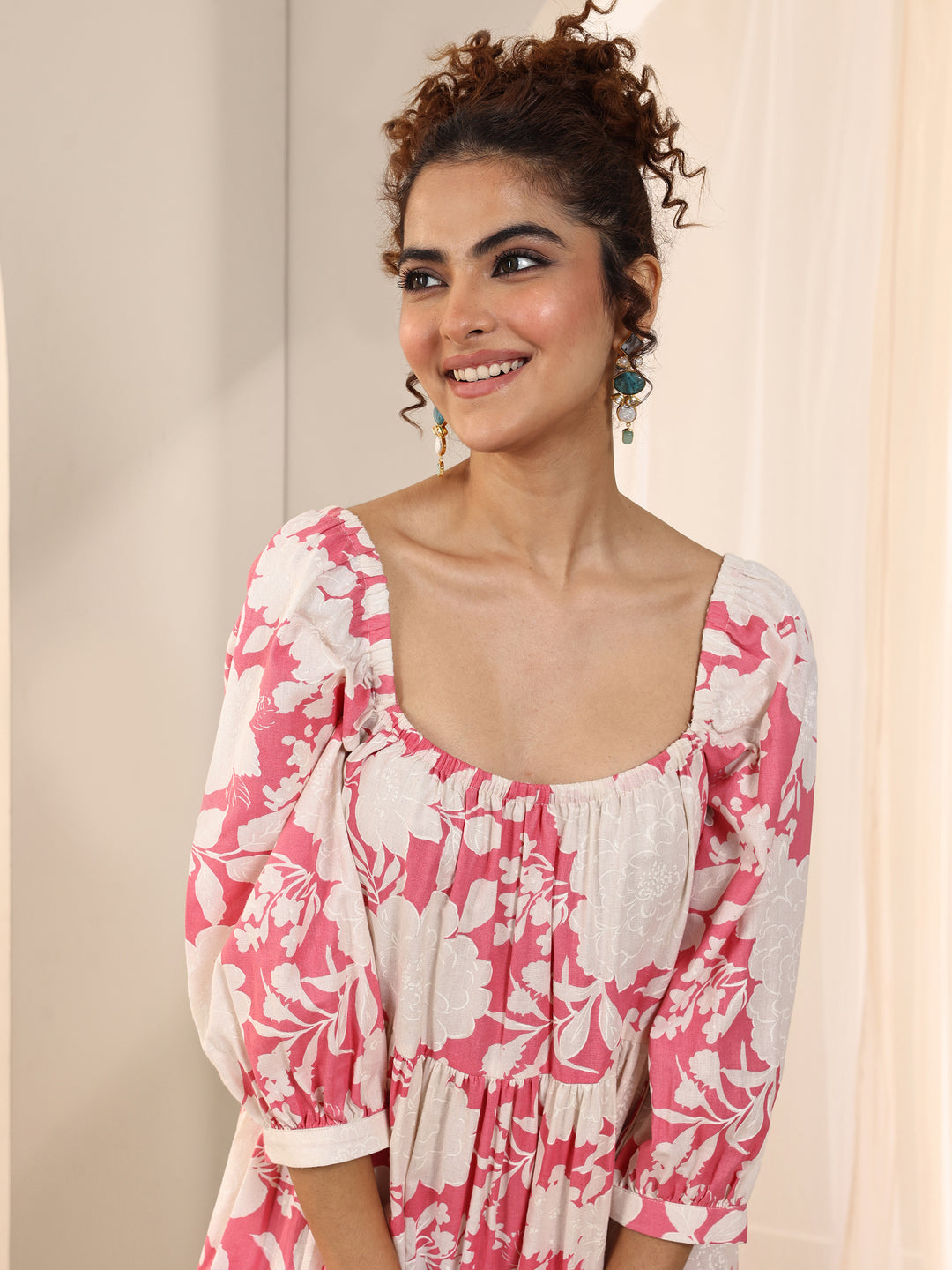  Coral Printed Cotton A-Line One Piece Dress 
