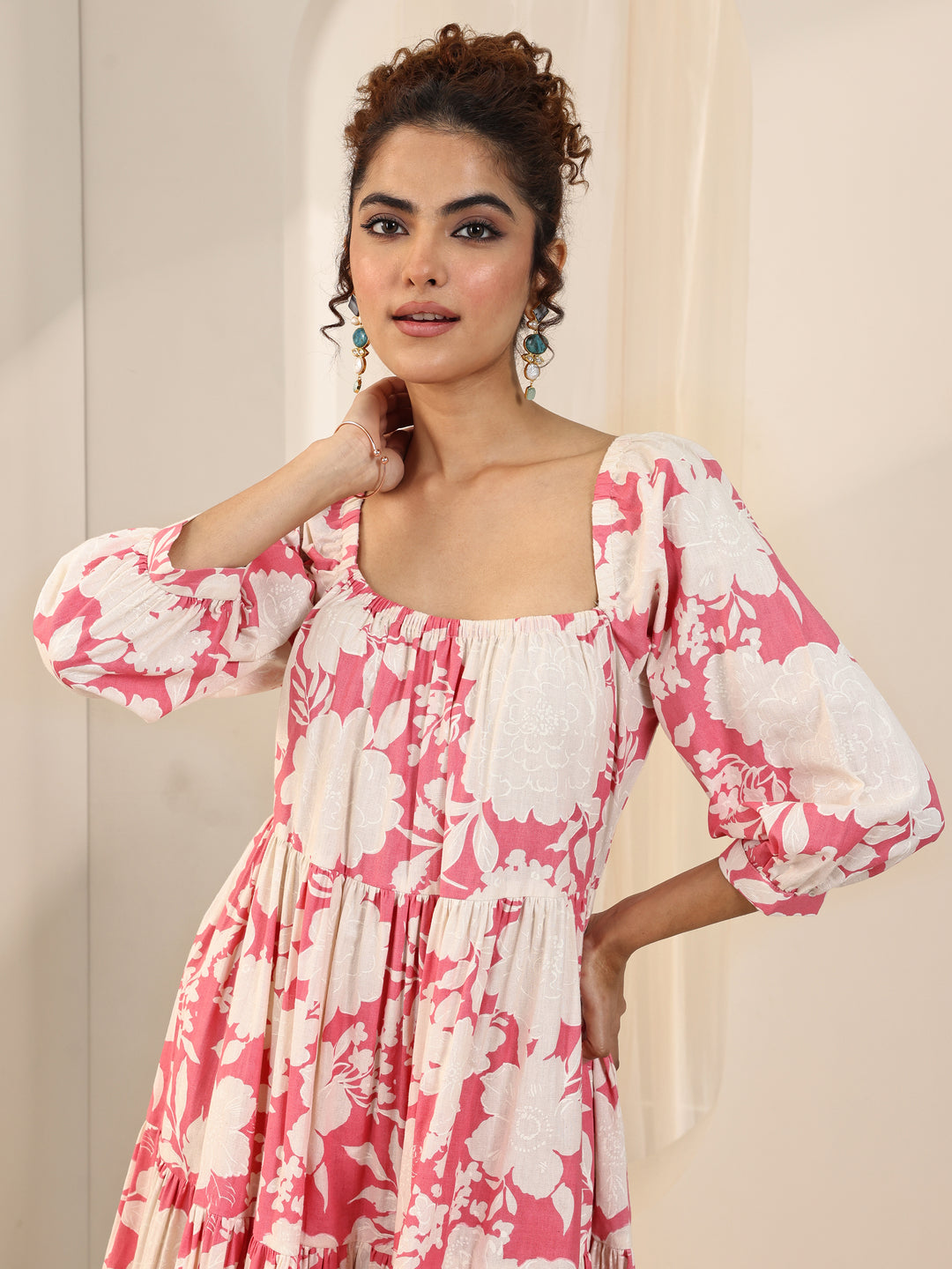  Coral Printed Cotton A-Line One Piece Dress 