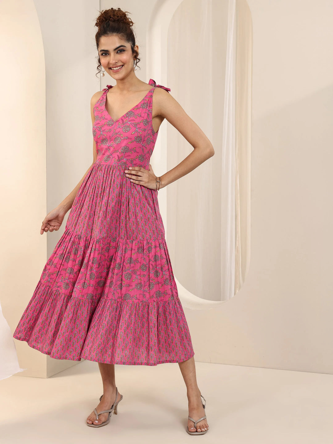 Pink Printed Cotton Fit and Flare Dress