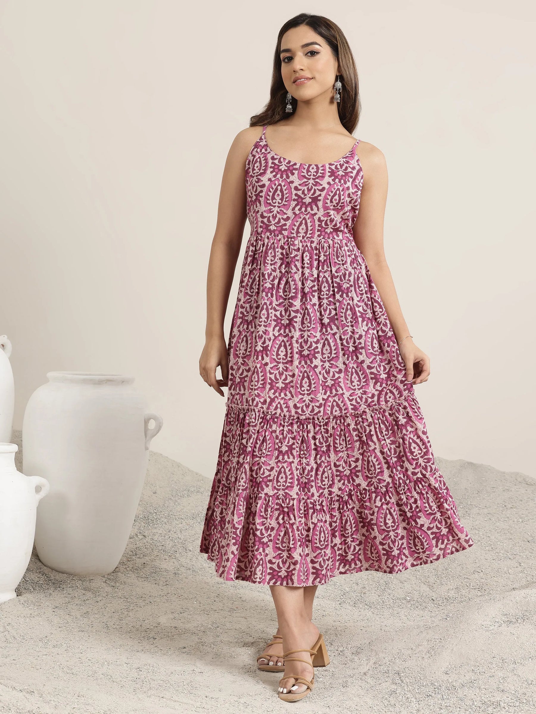 Mauve Printed Cotton Fit and Flare One Piece Dress