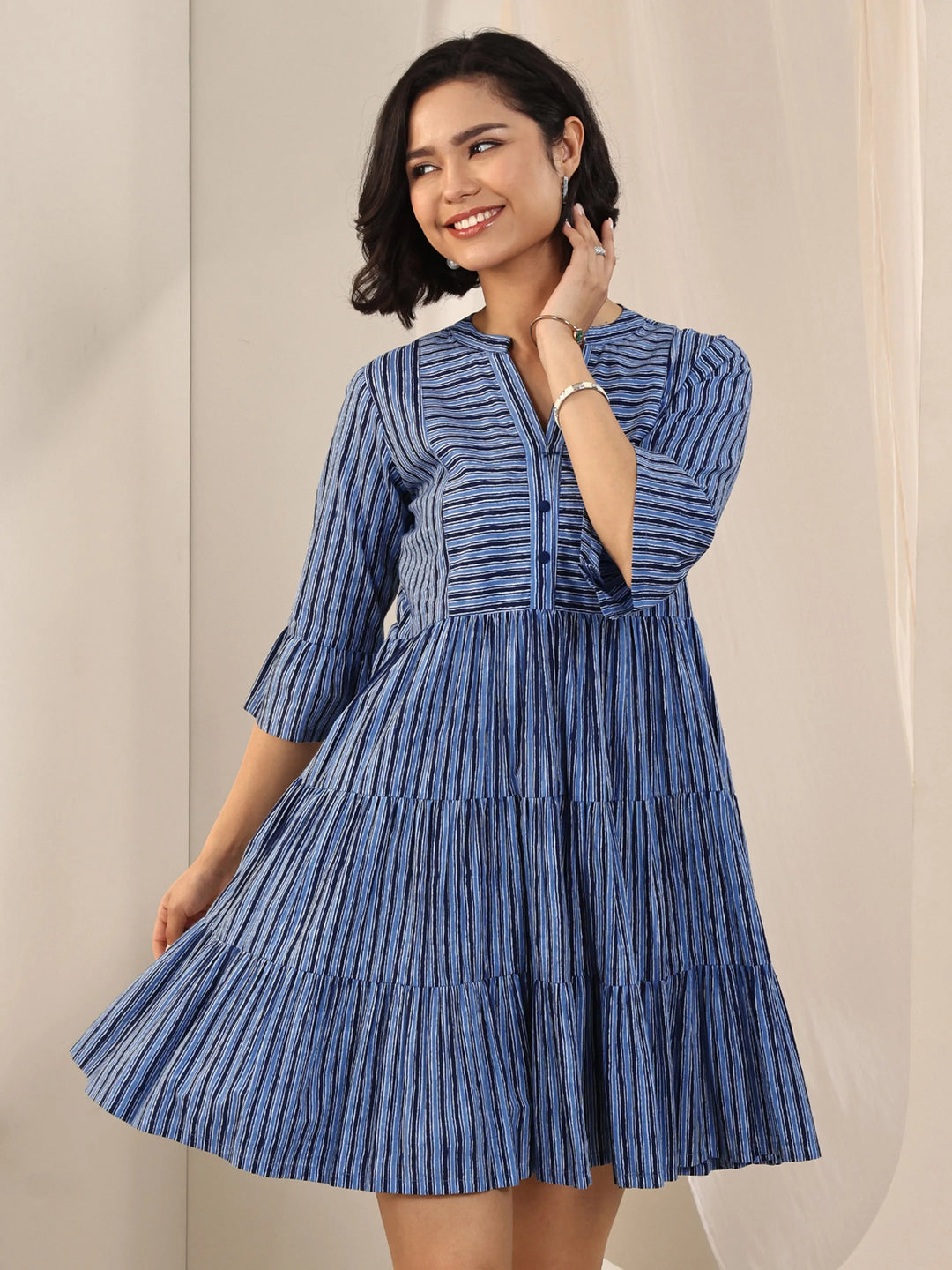  Indigo Printed Cotton Fit and Flare One Piece Dress 
