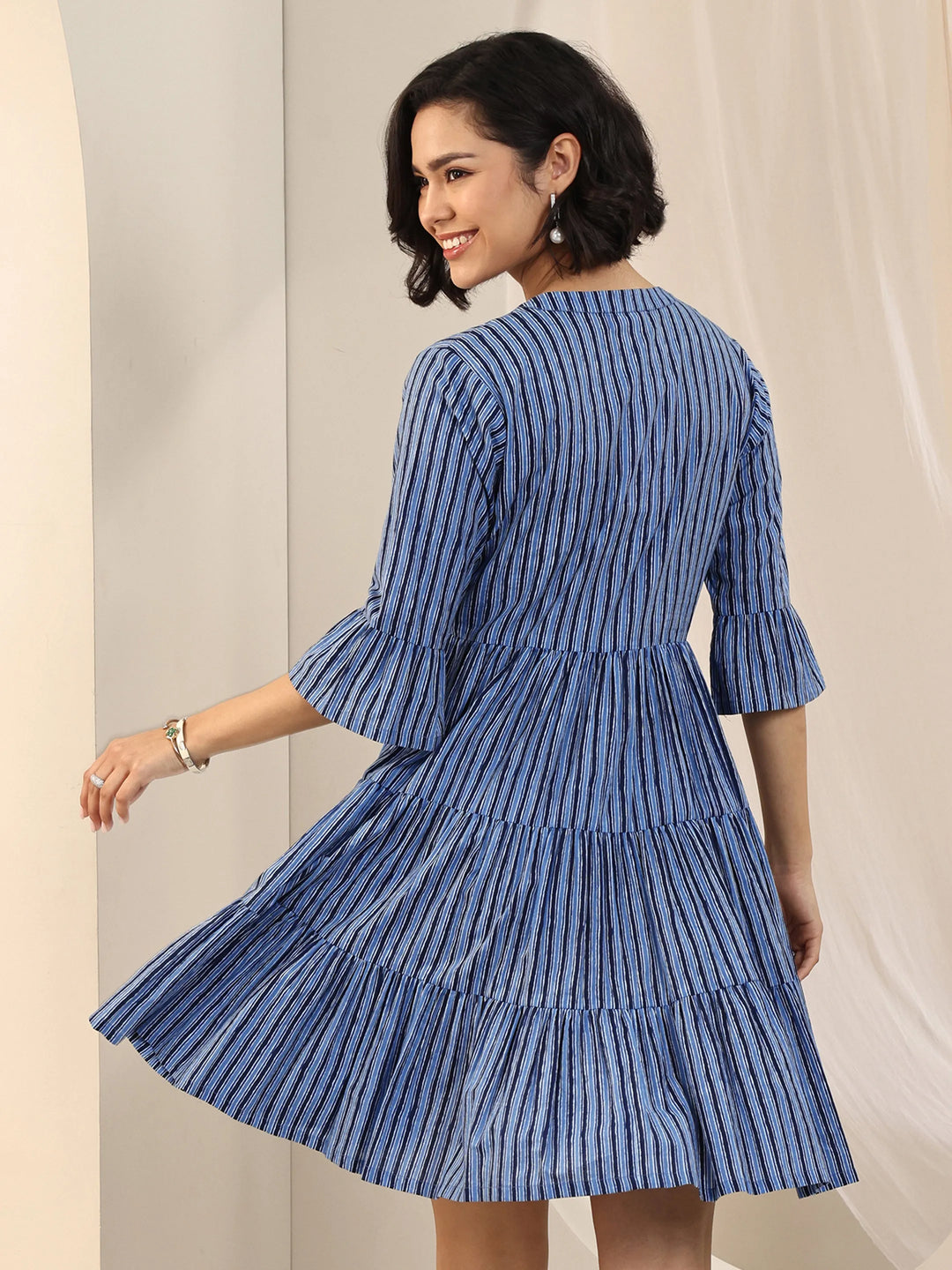 Indigo Printed Cotton Fit and Flare One Piece Dress 