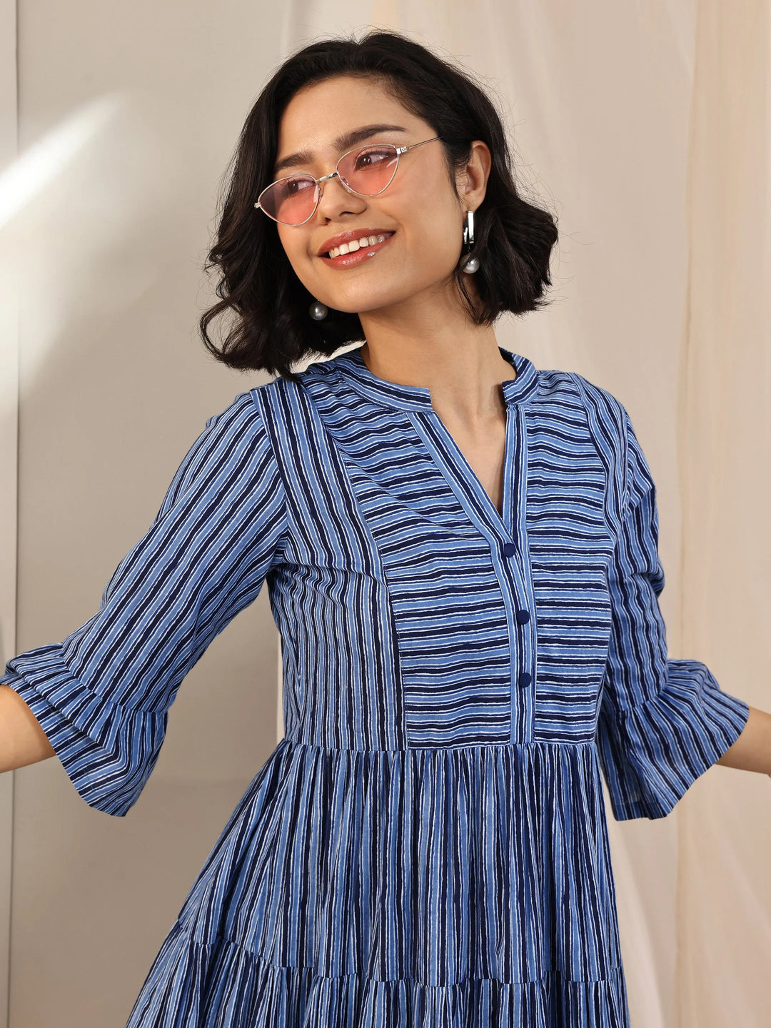 Indigo Printed Cotton Fit and Flare One Piece Dress