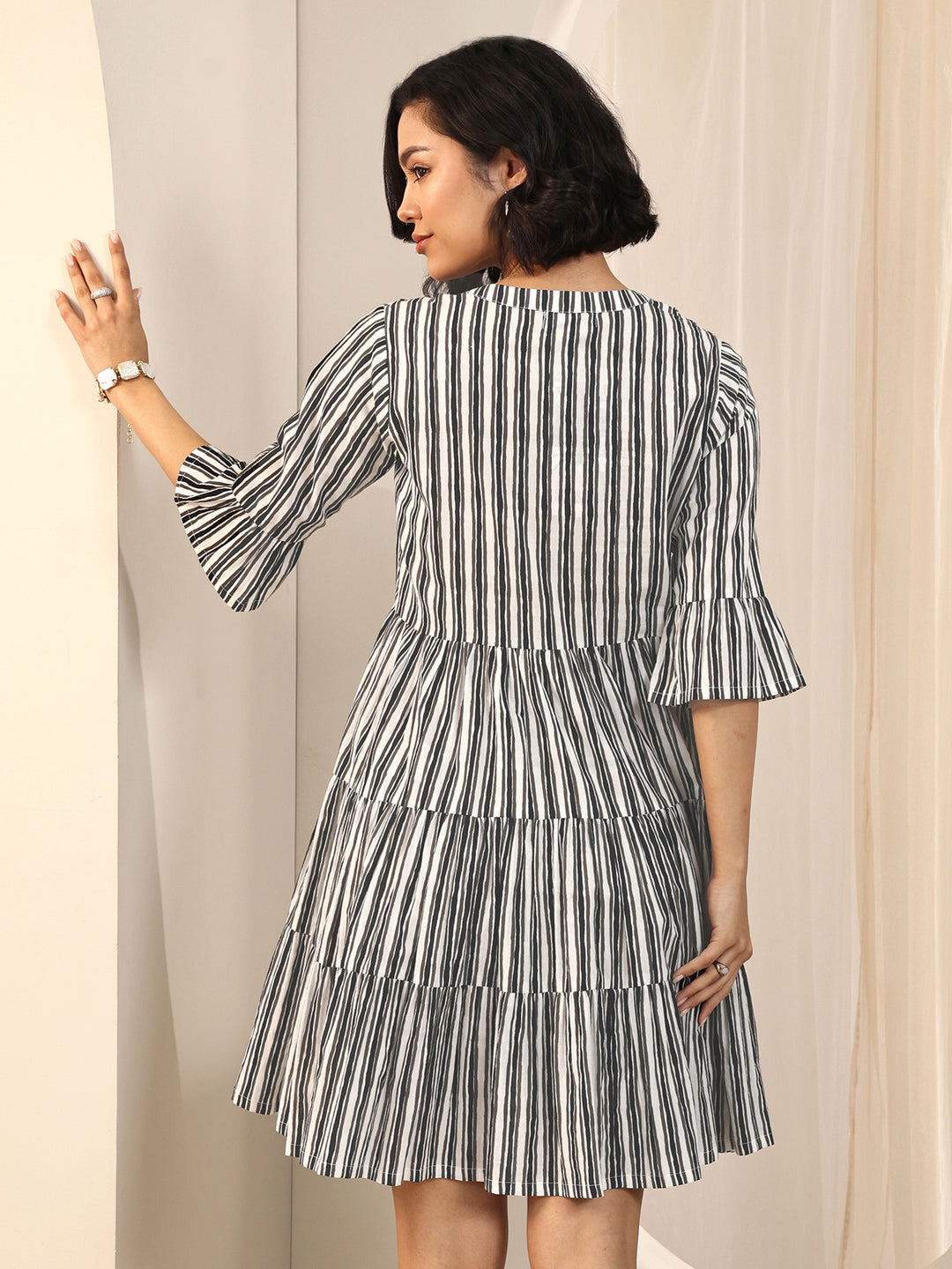  Black Printed Cotton Fit and Flare One Piece Dress 