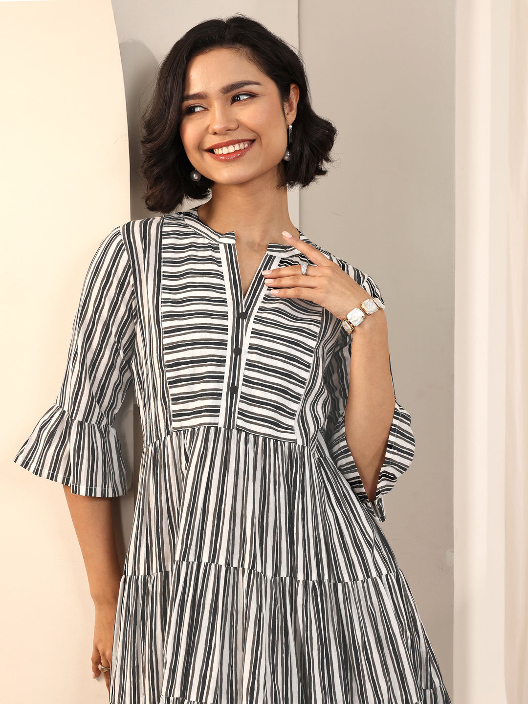  Black Printed Cotton Fit and Flare One Piece Dress 