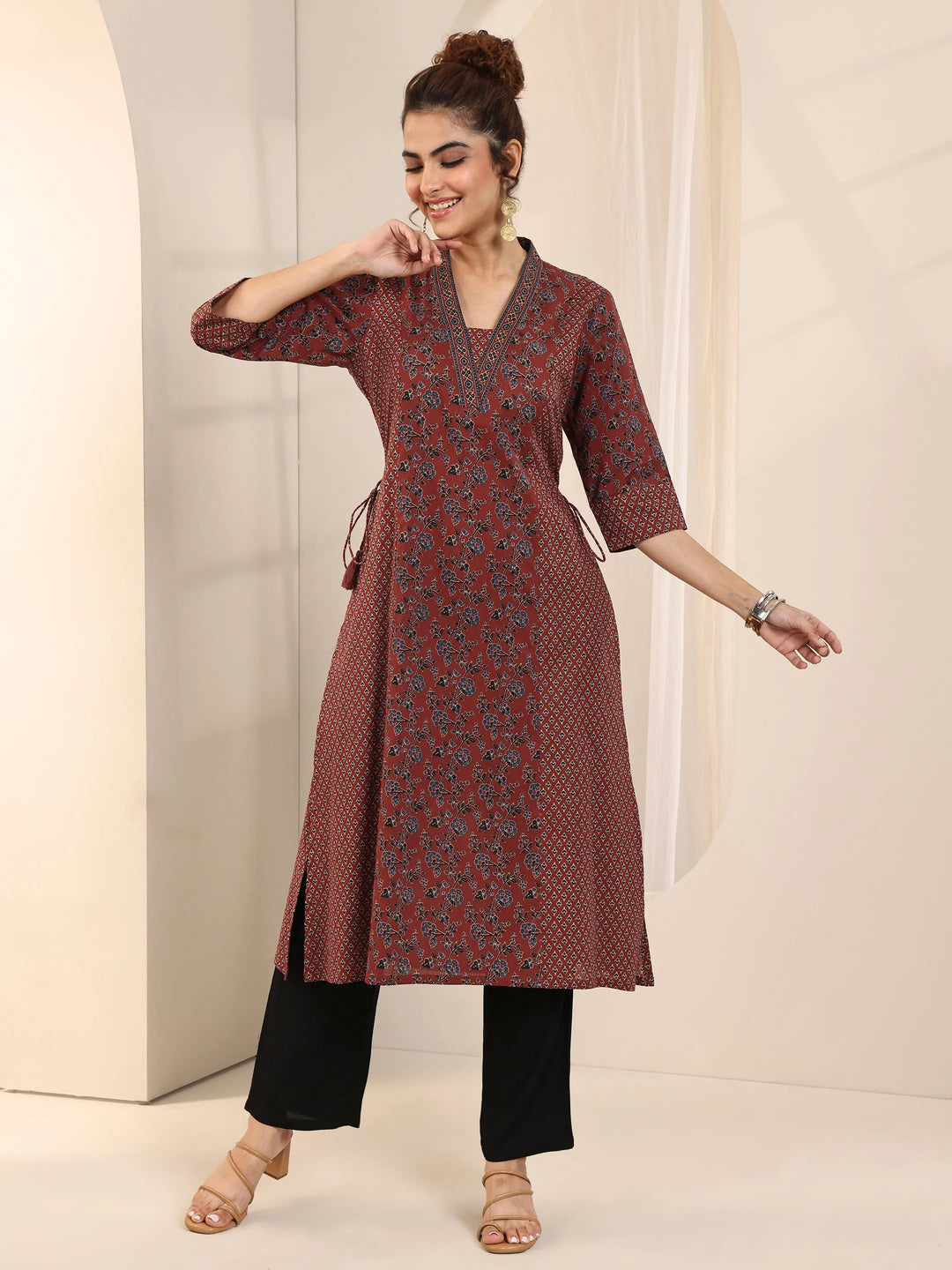  Maroon Printed Cotton Straight Kurta 