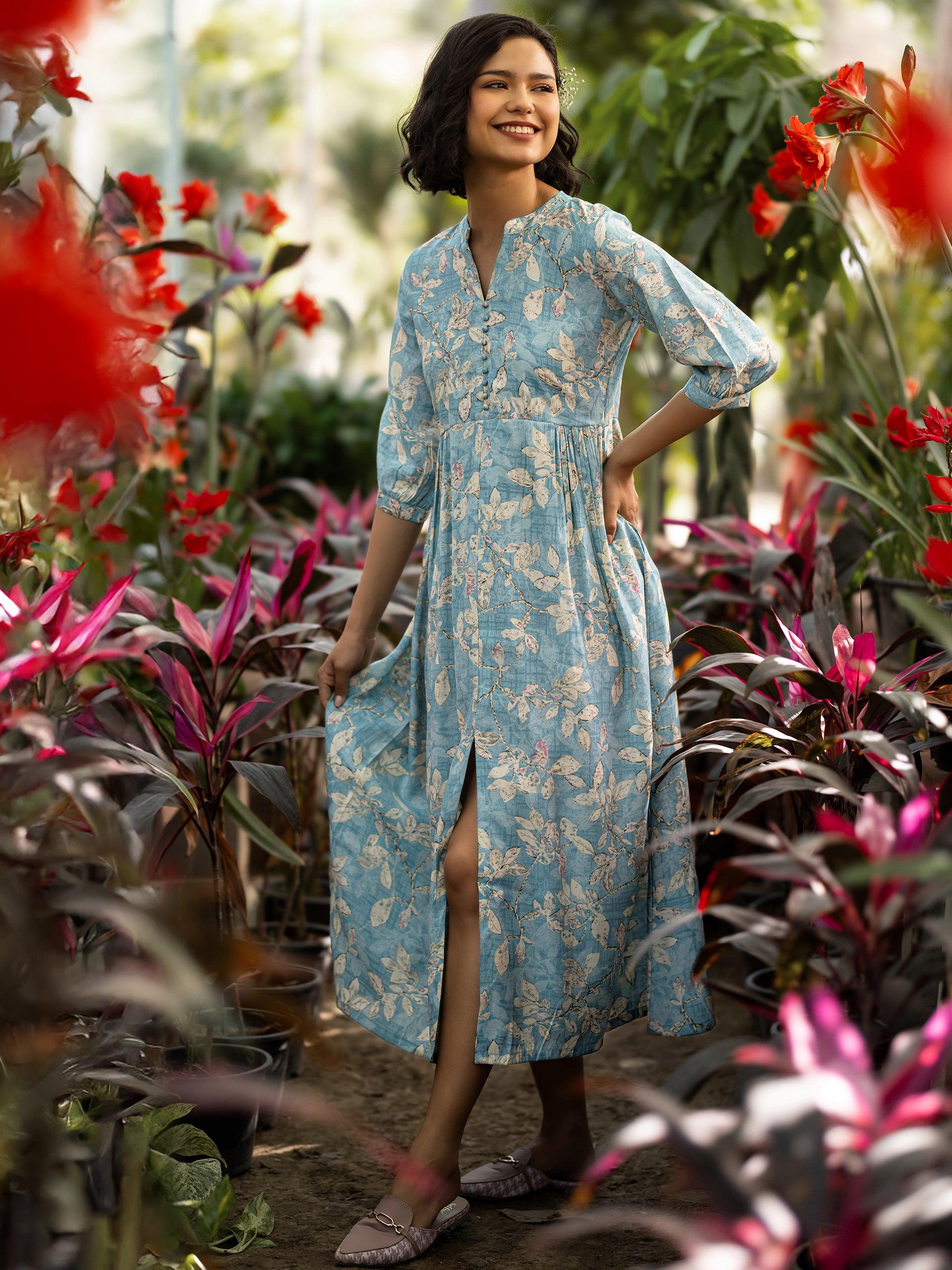 libas Blue Printed Silk Blend A-Line One Piece Dress-picture-25